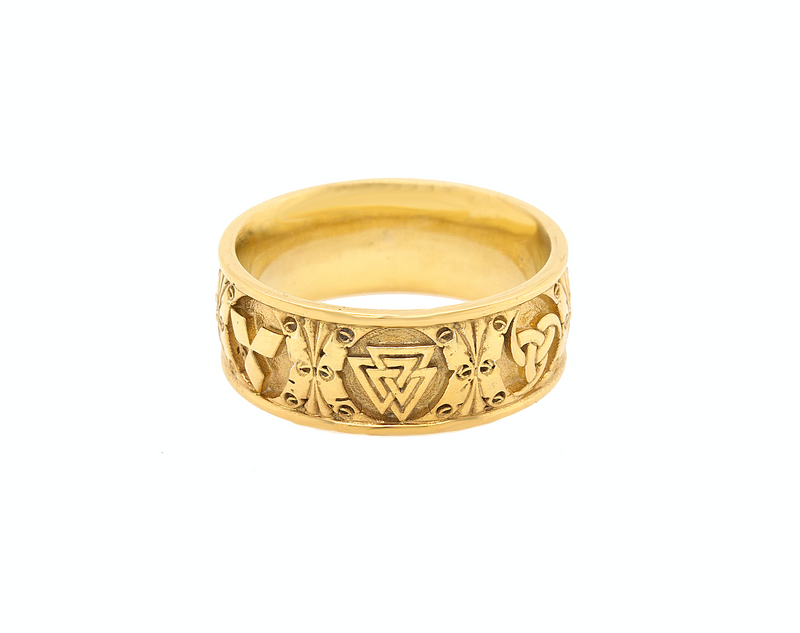 ring, ring on white background, gold ring, solid gold ring, solid yellow gold ring, wedding band, mens wedding band, womens wedding band, viking symbols, 6 symbols, engraved ring, unisex ring