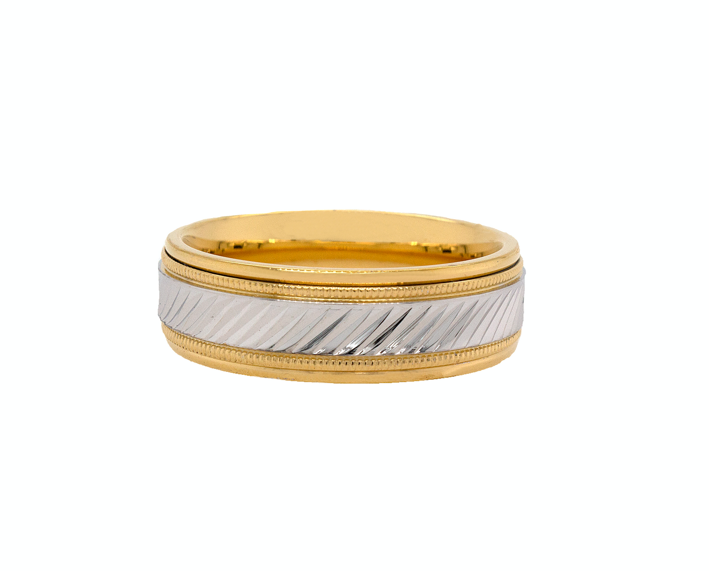 two toned ring, solid gold ring, white gold and yellow gold ring, grooved pattern, diagonal grooves, stepped edges, migrain engraving, polished ring, mens wedding band, womens wedding band, unisex ring, custom made ring