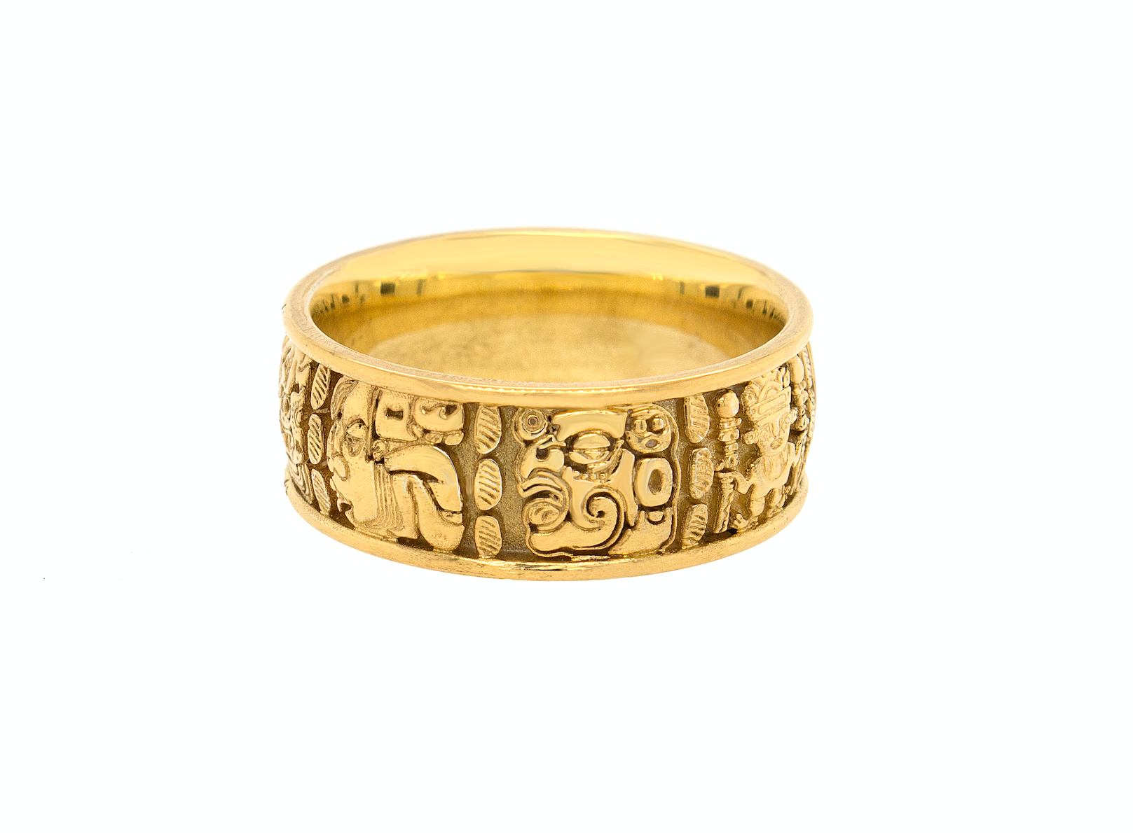 ring, ring on white background, mens ring, womens ring, wedding band, solid gold ring, gold wedding band, mayan ring, ring with mayan symbols, engraved ring, custom ring, unique ring, historical ring