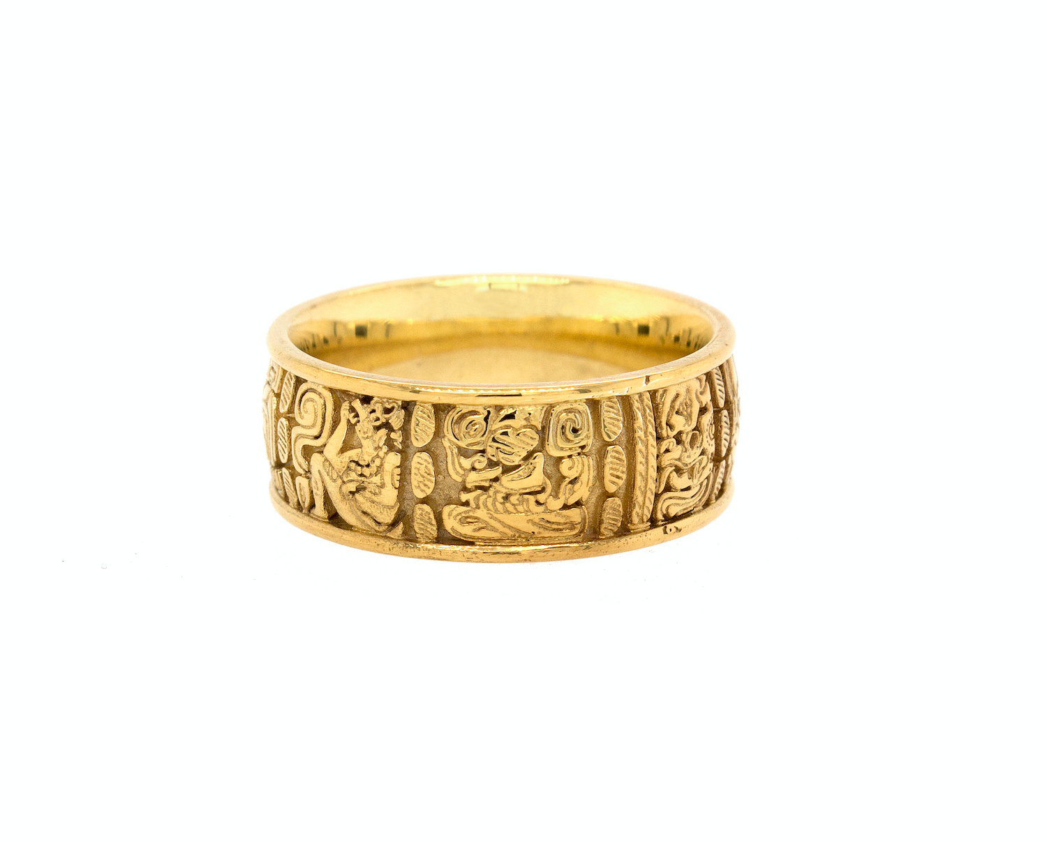 ring, ring on white background, mens ring, womens ring, wedding band, solid gold ring, gold wedding band, mayan ring, ring with mayan symbols, engraved ring, custom ring, unique ring, historical ring