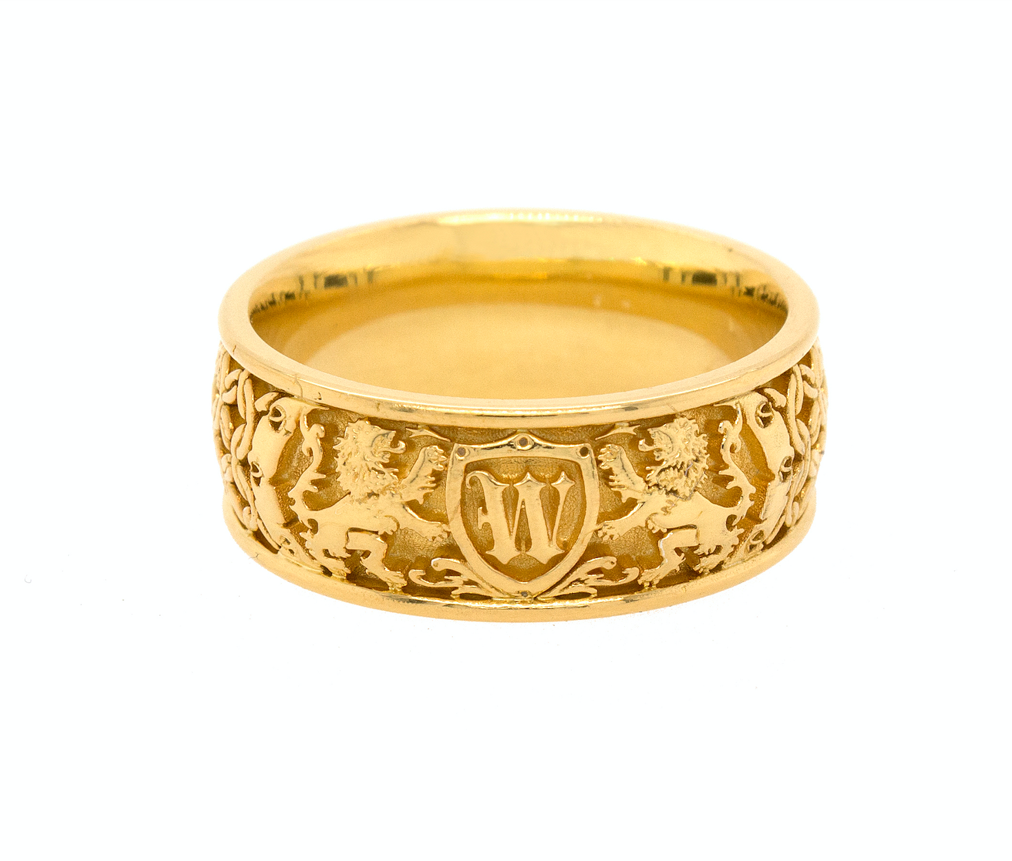 ring, ring on white background, gold ring, solid gold ring, yellow gold ring, engraved ring, ring with initial, ring with lions, medieval ring, wedding band, mens wedding band, womens wedding band, unisex ring, unique rings