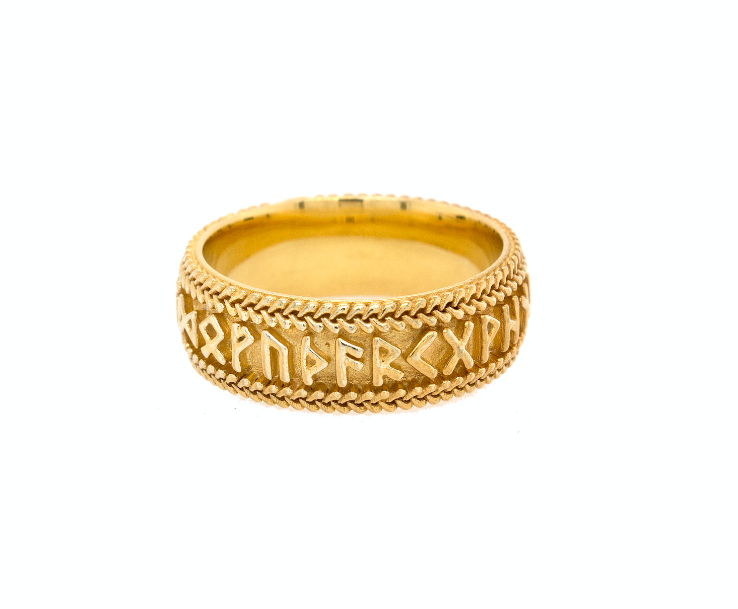 ring, ring on white background, mens ring, womens ring, wedding band, mens wedding band, yellow gold ring. solid gold ring, runes ring, runes engraving, nordic runes ring, custom gold ring, personalized gold ring