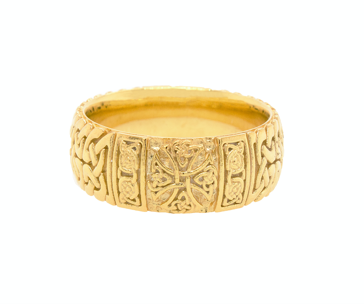ring, ring on white background, mens ring, women's ring, solid gold ring, solid gold wedding band, wedding band, celtic ring, cross ring, ring with cross, engraved ring, custom ring, solid gold wedding band, cross ring