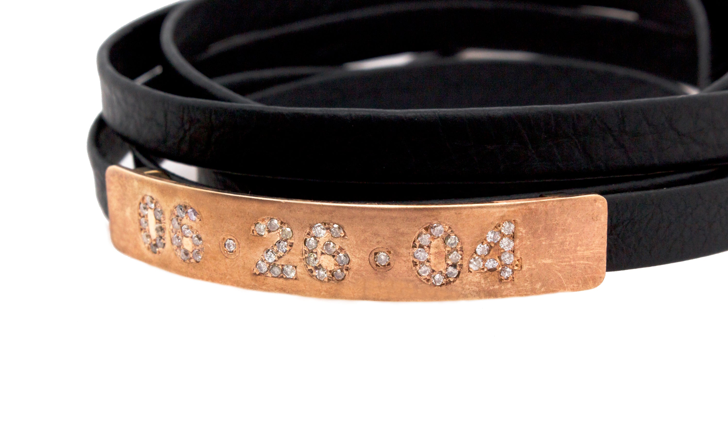 bracelet, bracelet on white background, rose gold bar, solid rose gold bar bracelet, black leather bracelet, scrappy bracelet, leather wrap bracelet, diamond bracelet, personalized date, date bracelet, diamond bar bracelet