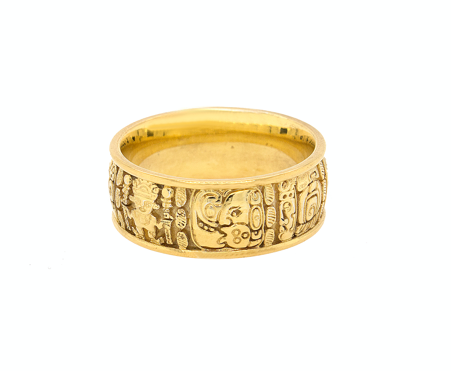 ring, ring on white background, mens ring, womens ring, wedding band, solid gold ring, gold wedding band, mayan ring, ring with mayan symbols, engraved ring, custom ring, unique ring, historical ring