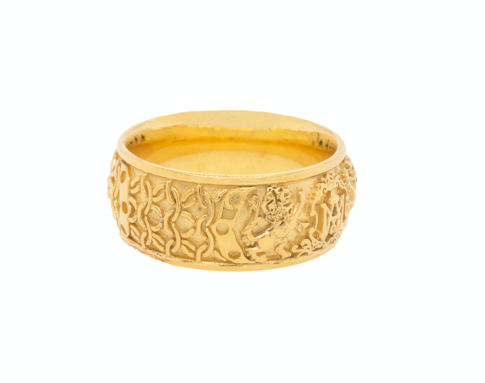 ring, ring on white background, gold ring, yellow gold ring, mens ring, wedding band, custom wedding band, ring with initials, personalized ring, medieval engravings, medieval inspired ring, ring with lions, monogram ring, unisex wedding band