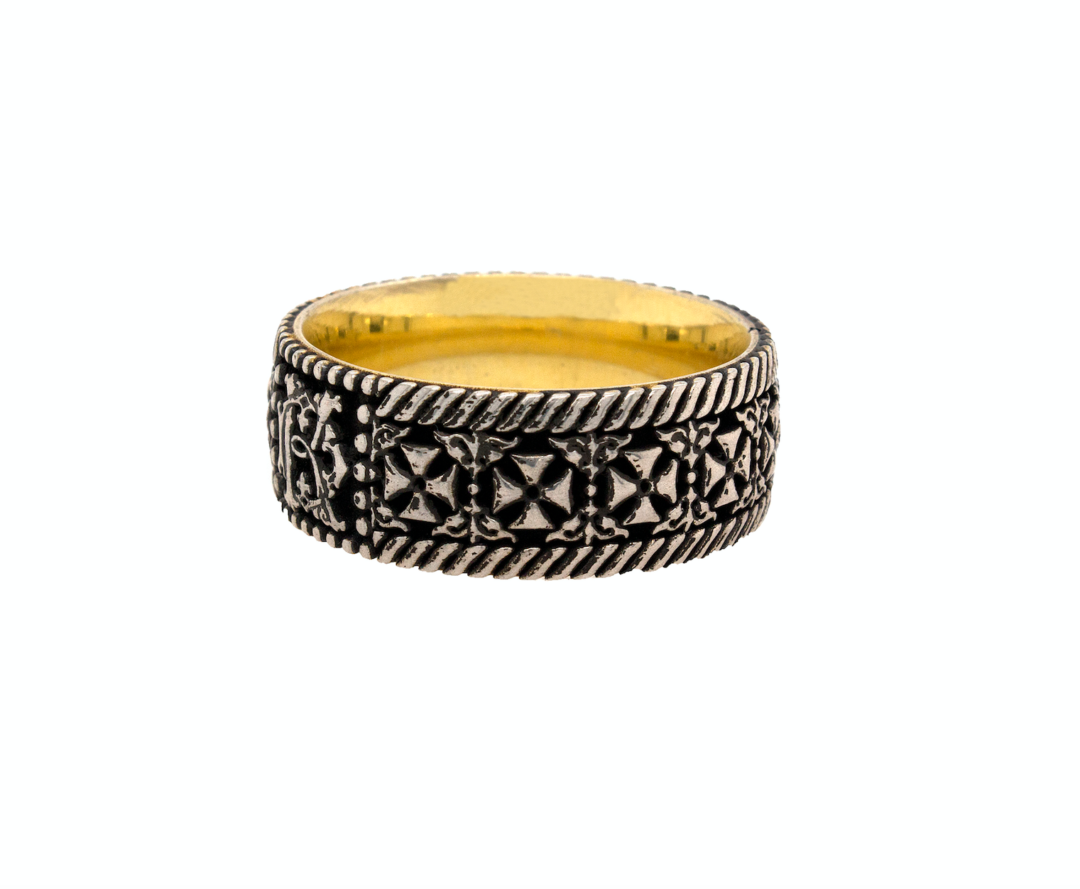 ring, ring on white background, yellow gold plated ring, silver ring, sterling silver ring, cross ring, monogram ring, custom monogram, personalized initials, celtic crosses, mens ring, women's ring