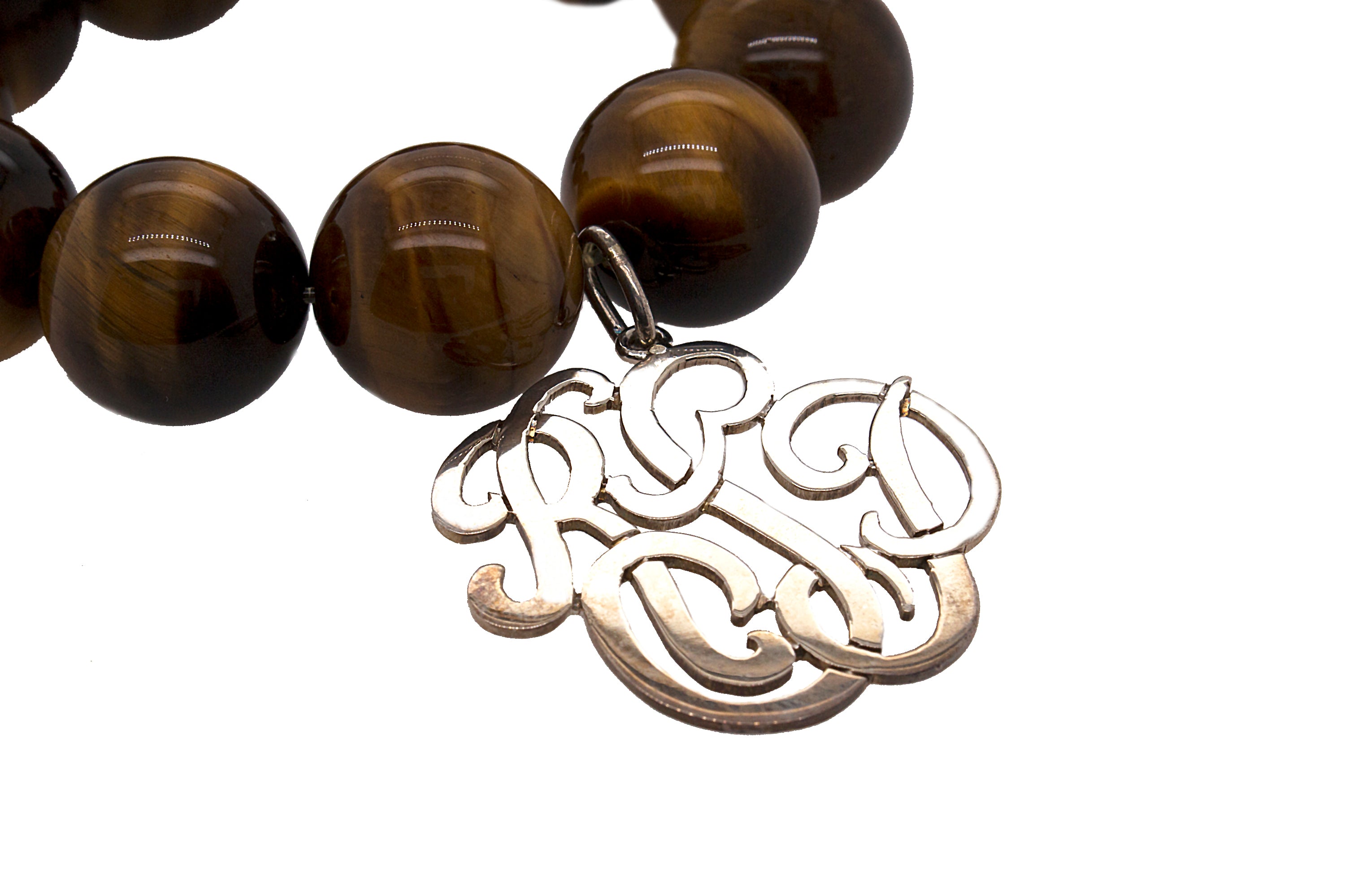 custom bracelet, bracelet, beaded bracelet, tiger eye bracelet, tiger eye beads, large tiger eye beads, custom monogram, silver monogram bracelet, initial bracelet, custom initial