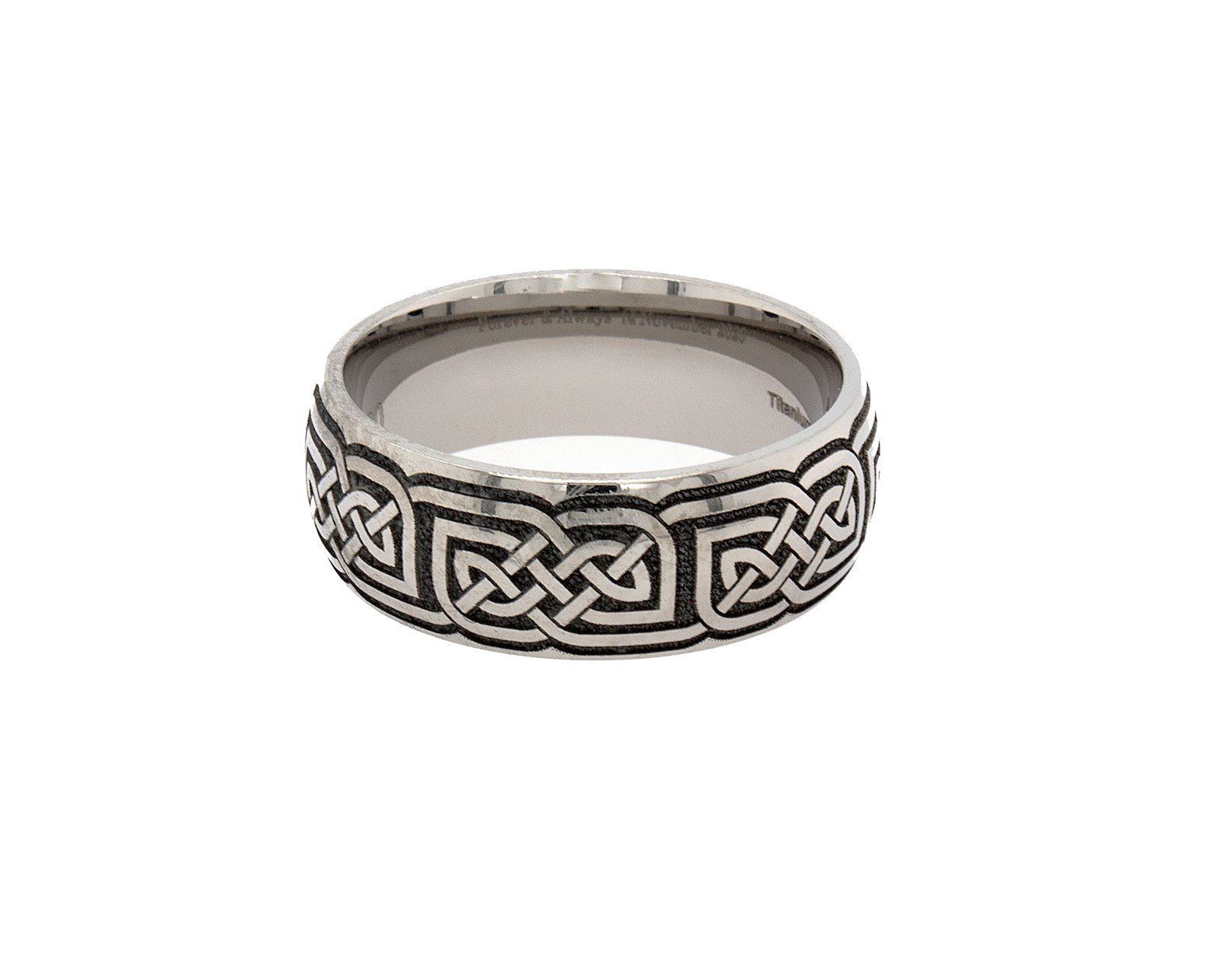 ring, ring on white background, 8mm ring, dome shaped ring, titanium ring, titanium jewelry, engraved ring, custom ring, mens ring, womens ring, mens wedding band, womens wedding band, celtic, celtic knot, irish ring