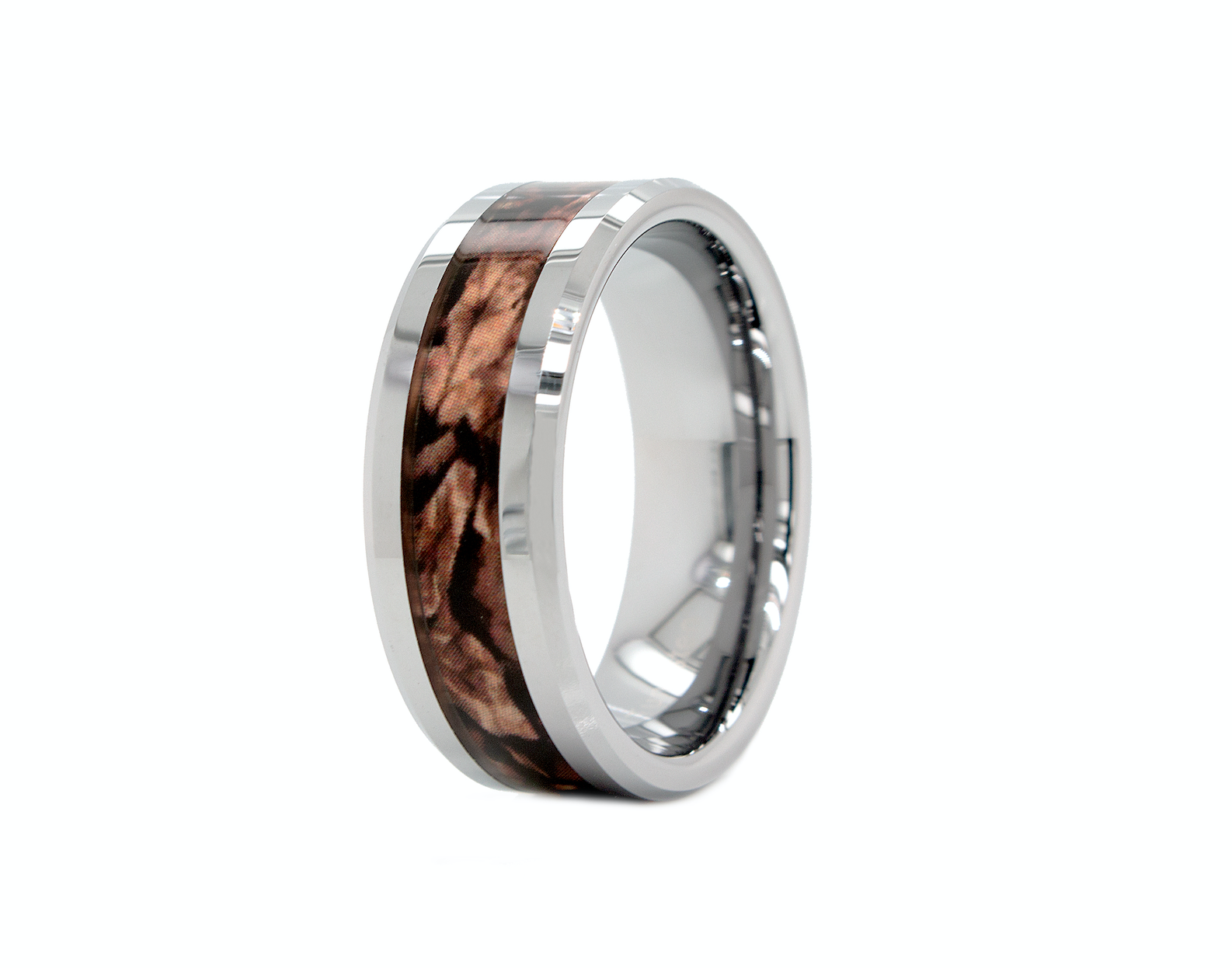 ring, ring on white background, ring with dinosaur bone inlay, silver and brown ring, tungsten ring, polished ring, wedding band, women's wedding band, mens wedding band, custom ring, personalized ring
