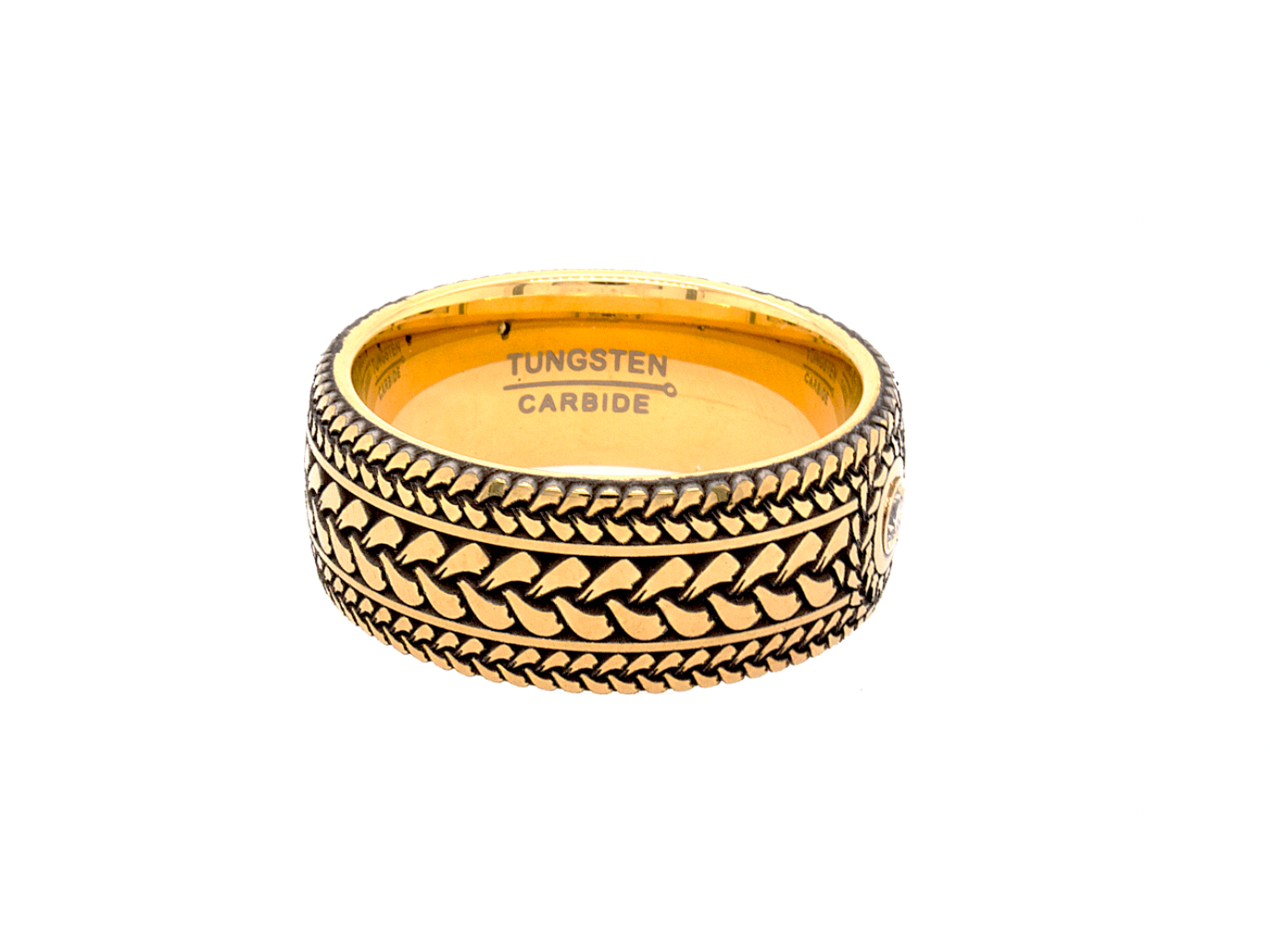 ring, ring on white background, ring with diamond, round cut diamond, engraved ring, braided pattern ring, yellow gold plated ring, 9mm ring, wedding band, mens wedding band