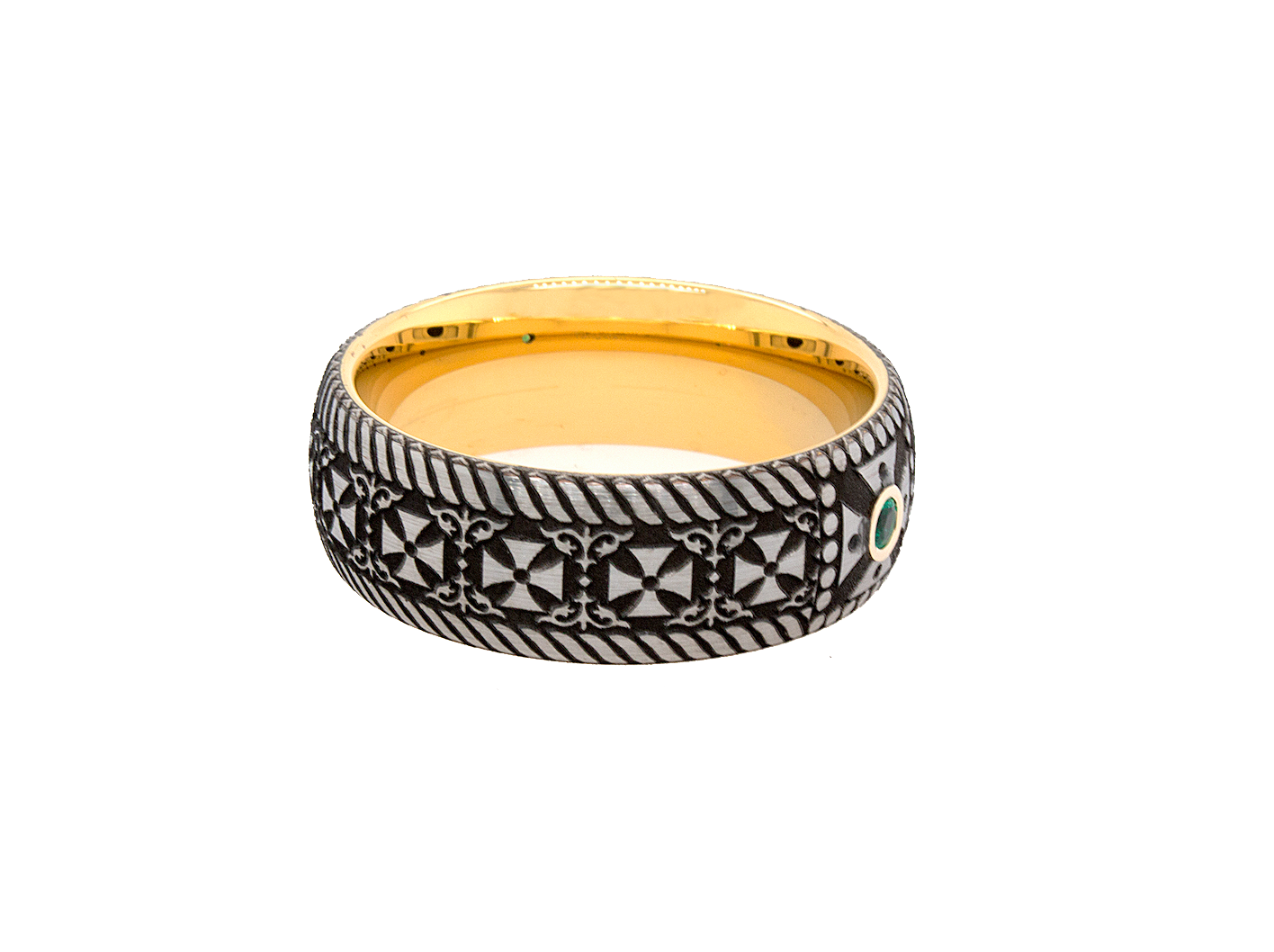 8mm Custom Made Dome Shaped Tungsten Ring with Yellow Gold Plated Interior, Cross Engravings and Round Cut Emerald