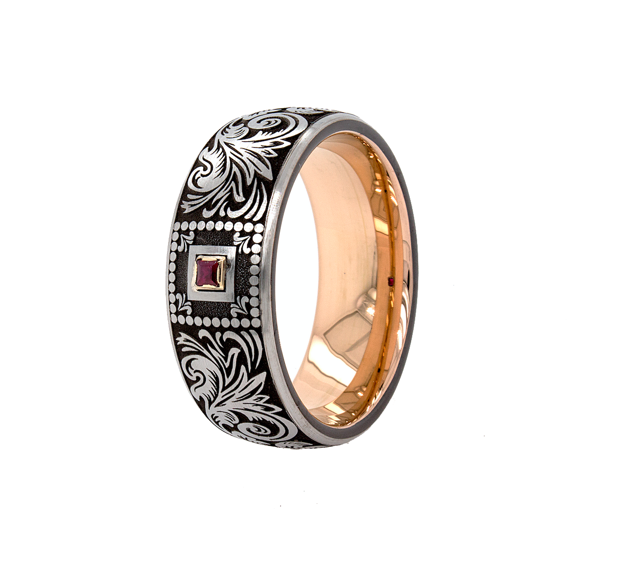 ring, ring with white background,tungsten ring, mens tungsten ring, women's tungsten ring, ring with garnet, garnet wedding band, gemstone ring, 8mm ring, 8mm tungsten ring, rose gold plated ring