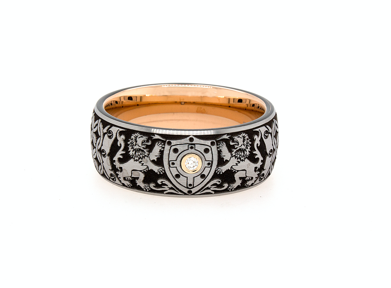 ring, ring on white background, mens ring, womens ring, medieval ring, tungsten ring, unisex ring, engraved ring, custom ring, diamond ring, diamond wedding band, diamond tungsten ring, rose gold plated interior, brushed exterior