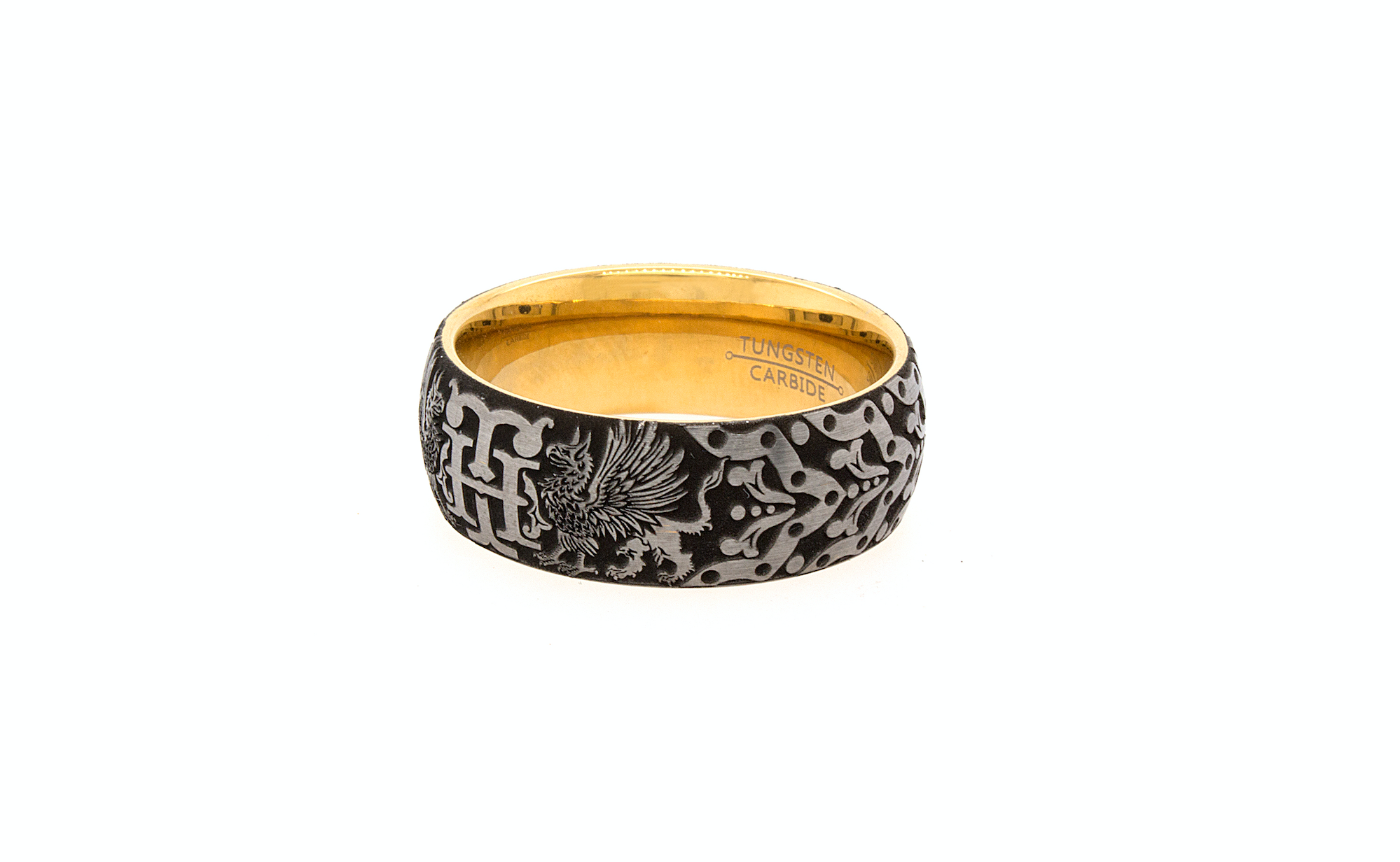 ring, ring with white background, ring with yellow gold background, ring with initials, ring with personalized initials, ring with eagles, medieval designs, ring with medieval inspired engravings, yellow gold plated tungsten, mens wedding band, women's wedding band