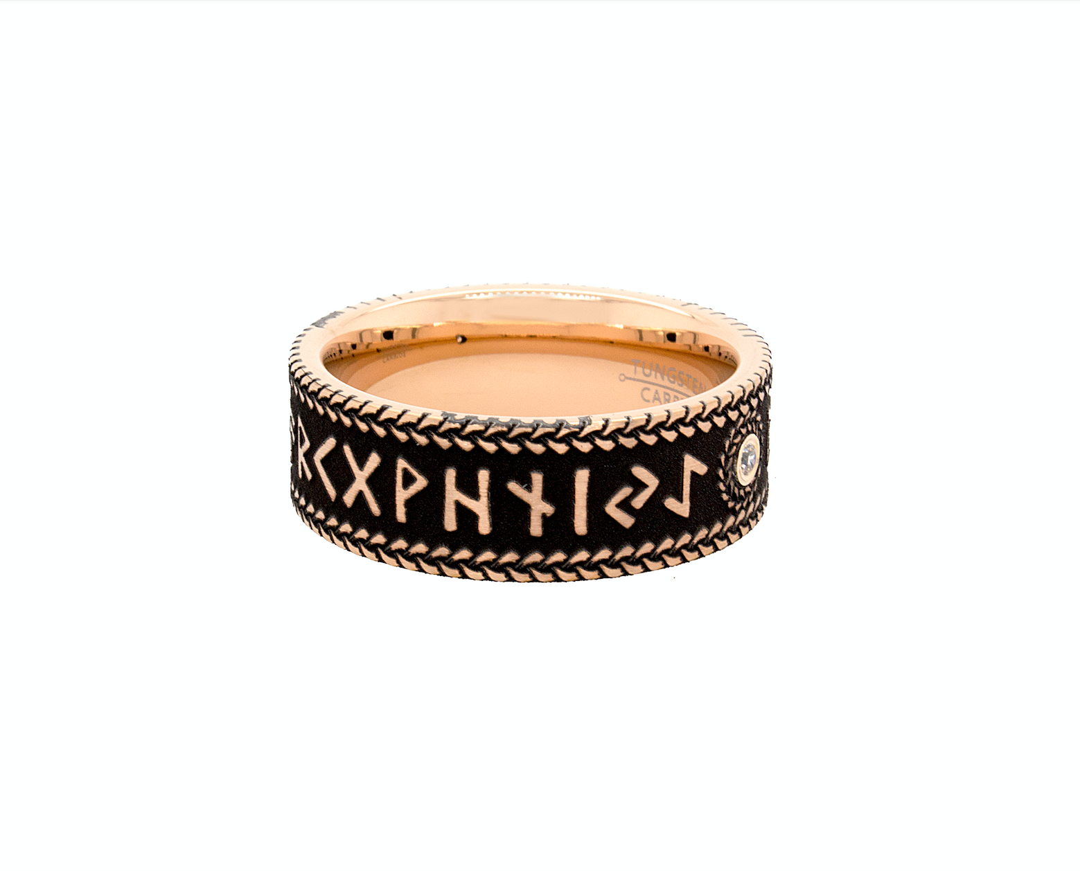 ring, ring on white background, tungsten ring, rose gold plated ring, runic ring, diamond ring, round shaped diamond, runes, nordic runes, personalized ring, custom made ring