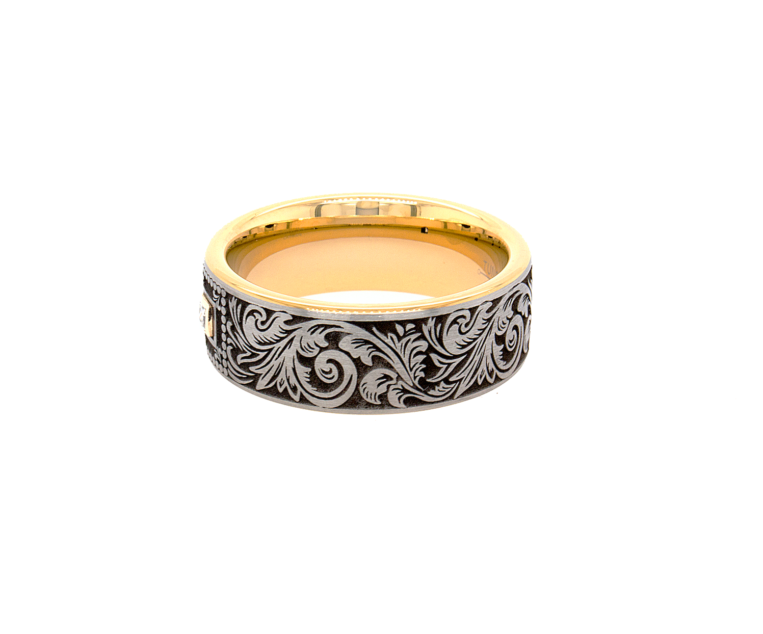 ring, ring with white background, tungsten ring, wedding band, ring with yellow gold plating, yellow gold ring, victorian engraved ring, victorian wedding band, engraved wedding band, personalized wedding band, custom wedding band, brushed finished ring