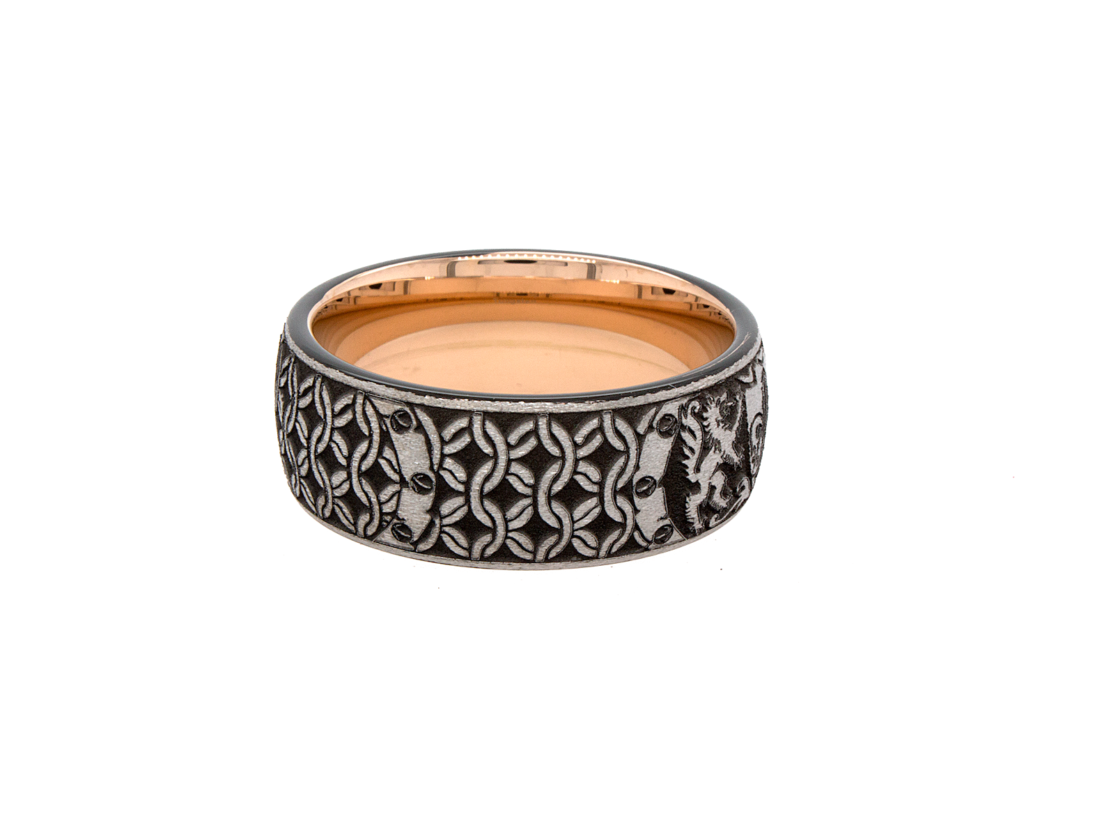 tungsten ring, wedding band, mens wedding band, women's wedding band, tungsten ring with rose gold plated interior, rose gold plated ring, fleur de lis ring, engraved ring, engraved wedding band, custom wedding band, personalized ring, mens wedding band, women's wedding band, rose gold ring, ring with shield, ring with wolves, wolf engraving Edit alt text