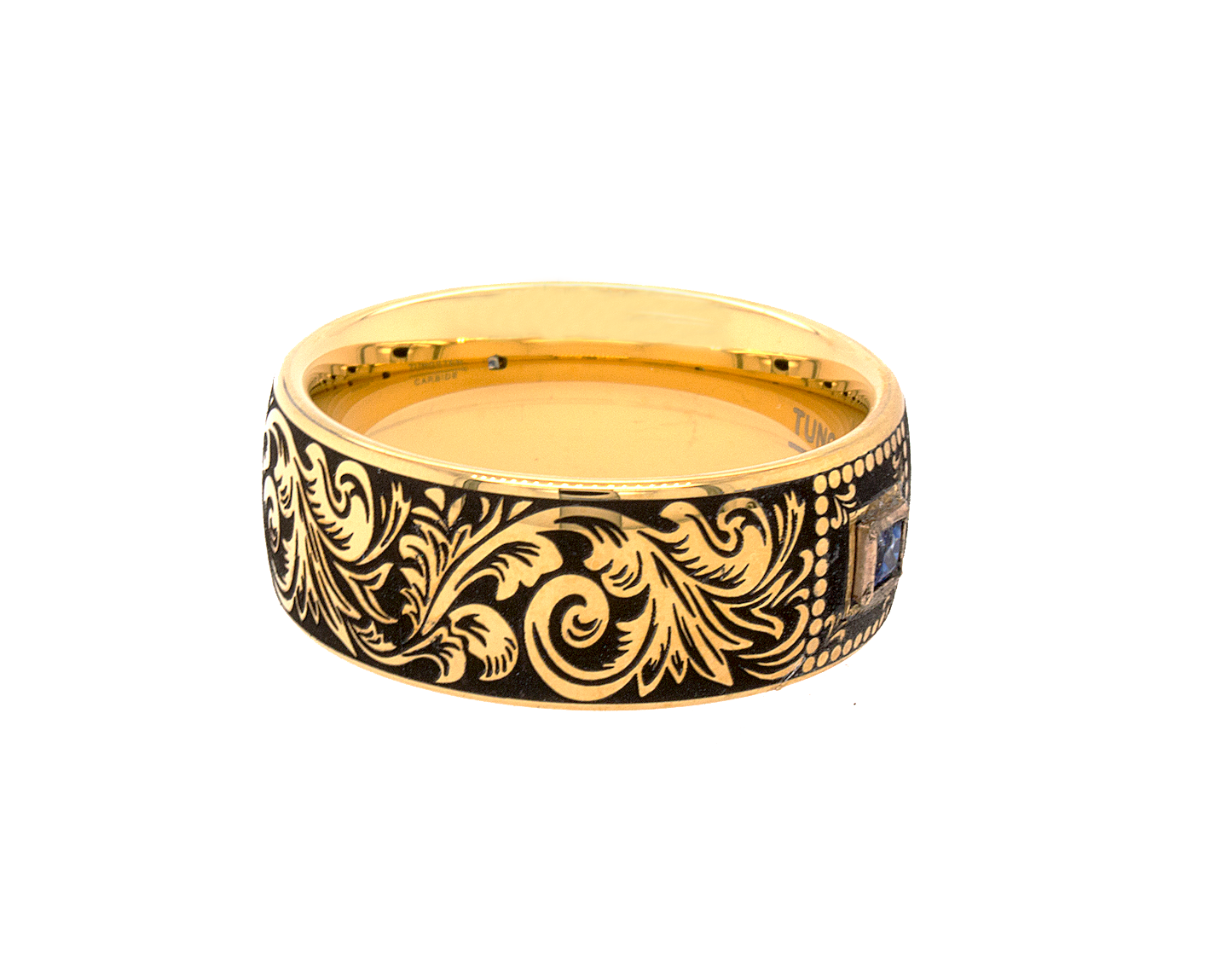 ring, ring on white background, yellow gold plated tungsten, gold plated ring, custom ring, custom wedding band, engraved ring, custom engraved ring, ring with square shaped sapphire, sapphire wedding band, victorian style engraving, victorian wedding band