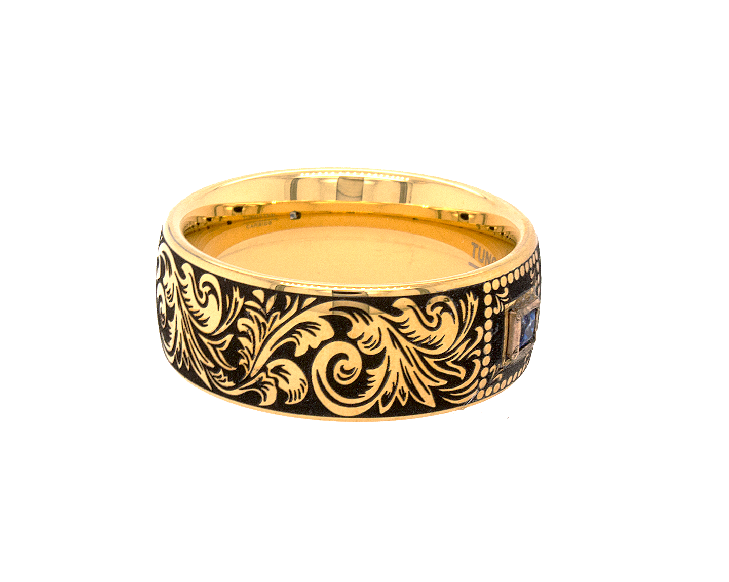ring, ring on white background, yellow gold plated tungsten, gold plated ring, custom ring, custom wedding band, engraved ring, custom engraved ring, ring with square shaped sapphire, sapphire wedding band, victorian style engraving, victorian wedding band
