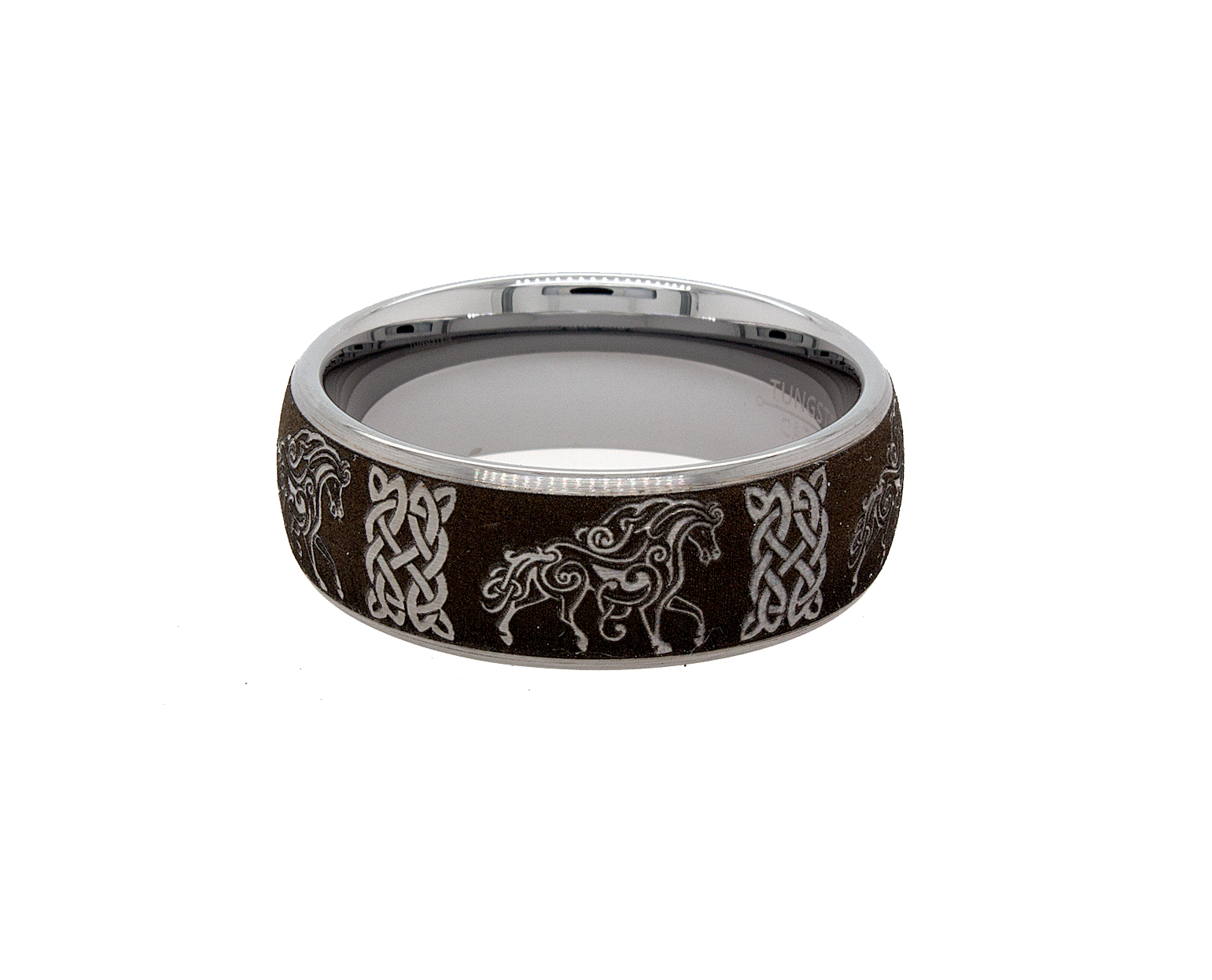 ring, ring on white background, matte black ring, matte ring, 8mm ring, celtic, celtic knot, celtic knot ring, ring with horses, horse ring, irish ring, wedding band, mens wedding band, women's wedding band