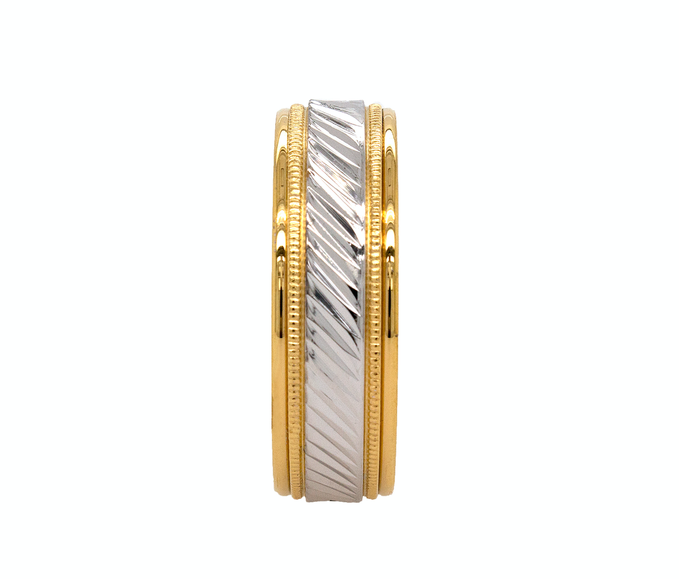 two toned ring, solid gold ring, white gold and yellow gold ring, grooved pattern, diagonal grooves, stepped edges, migrain engraving, polished ring, mens wedding band, womens wedding band, unisex ring, custom made ring