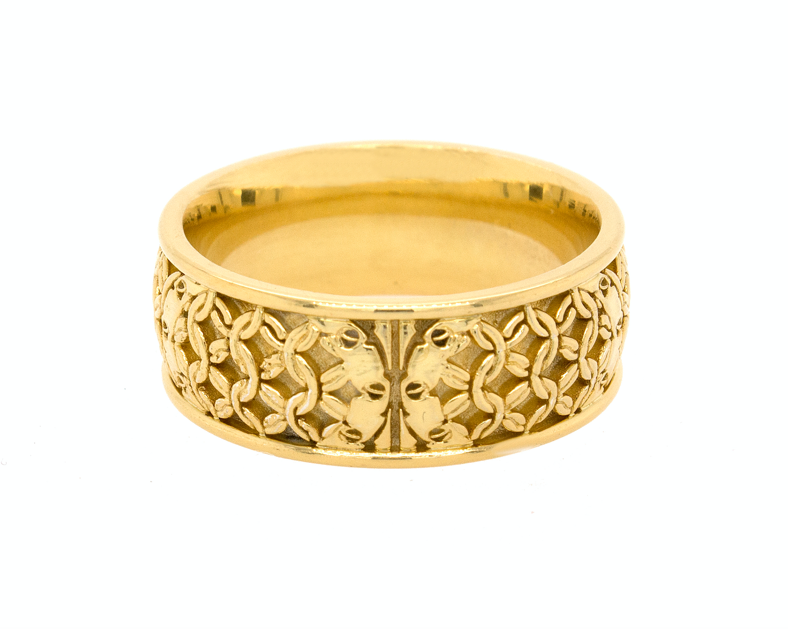 ring, ring on white background, gold ring, solid gold ring, yellow gold ring, engraved ring, ring with initial, ring with lions, medieval ring, wedding band, mens wedding band, womens wedding band, unisex ring, unique rings