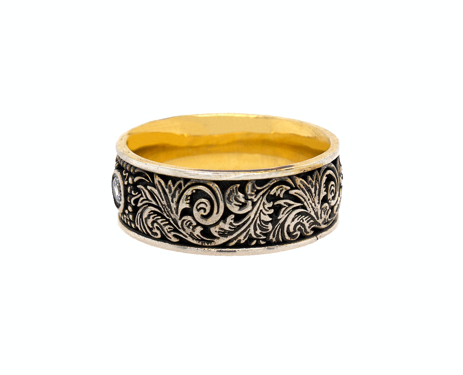 ring, ring on white background, silver ring, sterling silver ring, oxidized ring, yellow gold plated ring, diamond ring, round shaped diamond, yellow gold plated silver ring, oxidized silver ring, victorian ring, engraved ring, custom ring, mens ring, women's ring