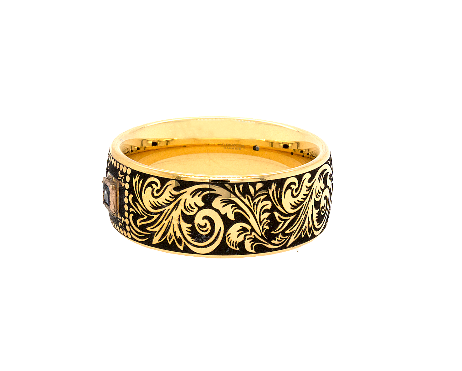 ring, ring on white background, yellow gold plated tungsten, gold plated ring, custom ring, custom wedding band, engraved ring, custom engraved ring, ring with square shaped sapphire, sapphire wedding band, victorian style engraving, victorian wedding band
