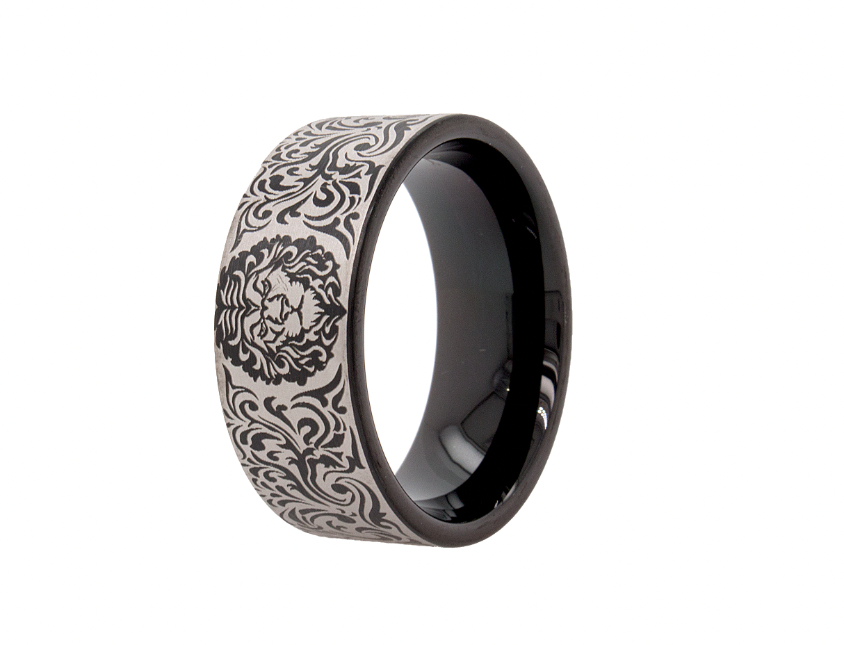 ring, ring with white background, tungsten ring, tungsten wedding band, wedding band, mens wedding band, thick tungsten ring, engraved ring, custom ring, personalized ring, ring with lions head, lion ring. ring with lions engraving  Edit alt text