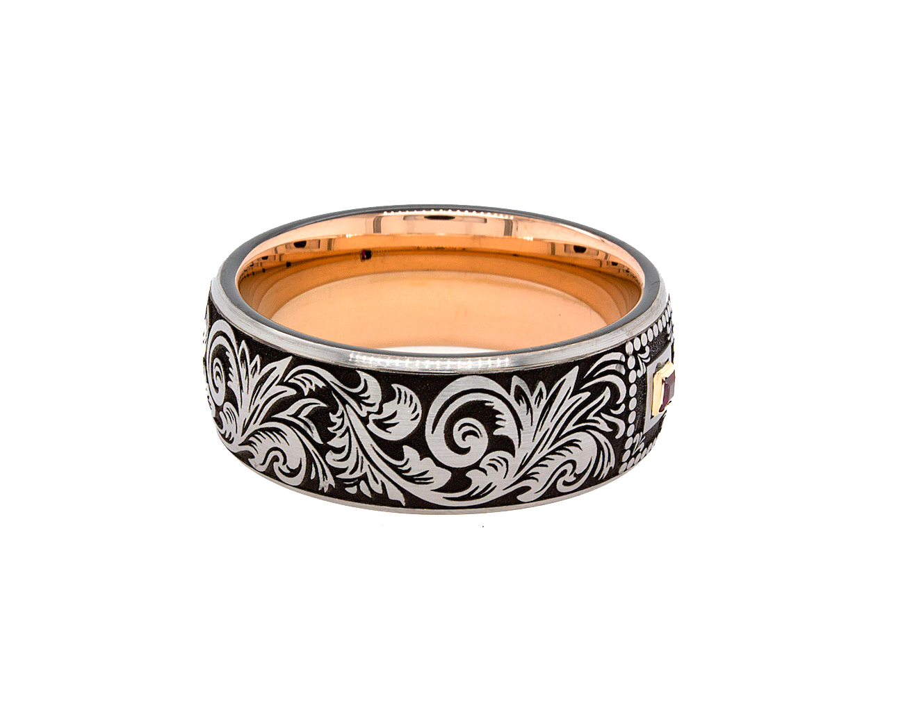 ring, ring with white background,tungsten ring, mens tungsten ring, women's tungsten ring, ring with garnet, garnet wedding band, gemstone ring, 8mm ring, 8mm tungsten ring, rose gold plated ring