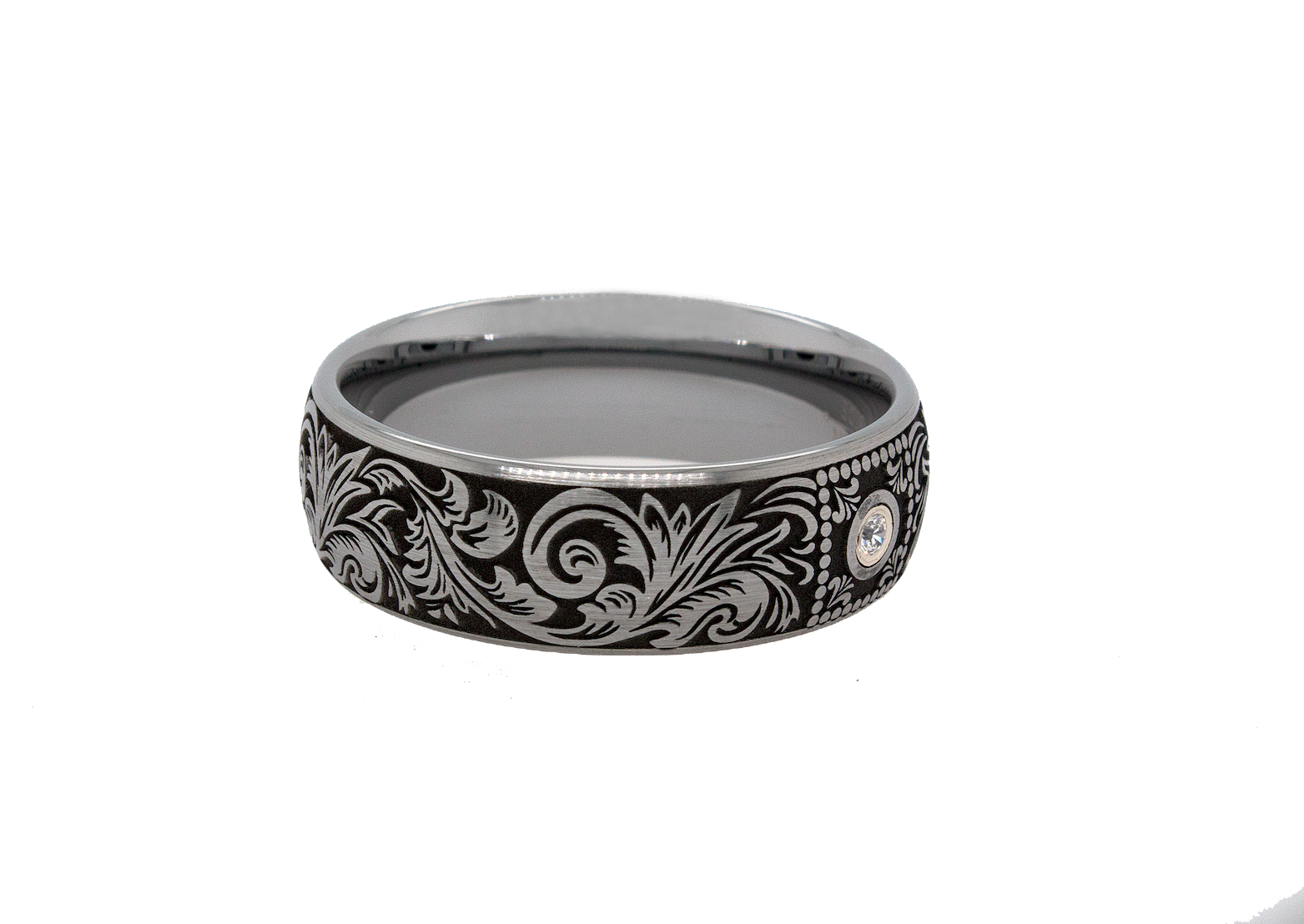 ring, ring with white background, tungsten ring, diamond ring, wedding band, custom tungsten ring, diamond wedding band, diamond tungsten ring, victorian wedding band, engraved ring