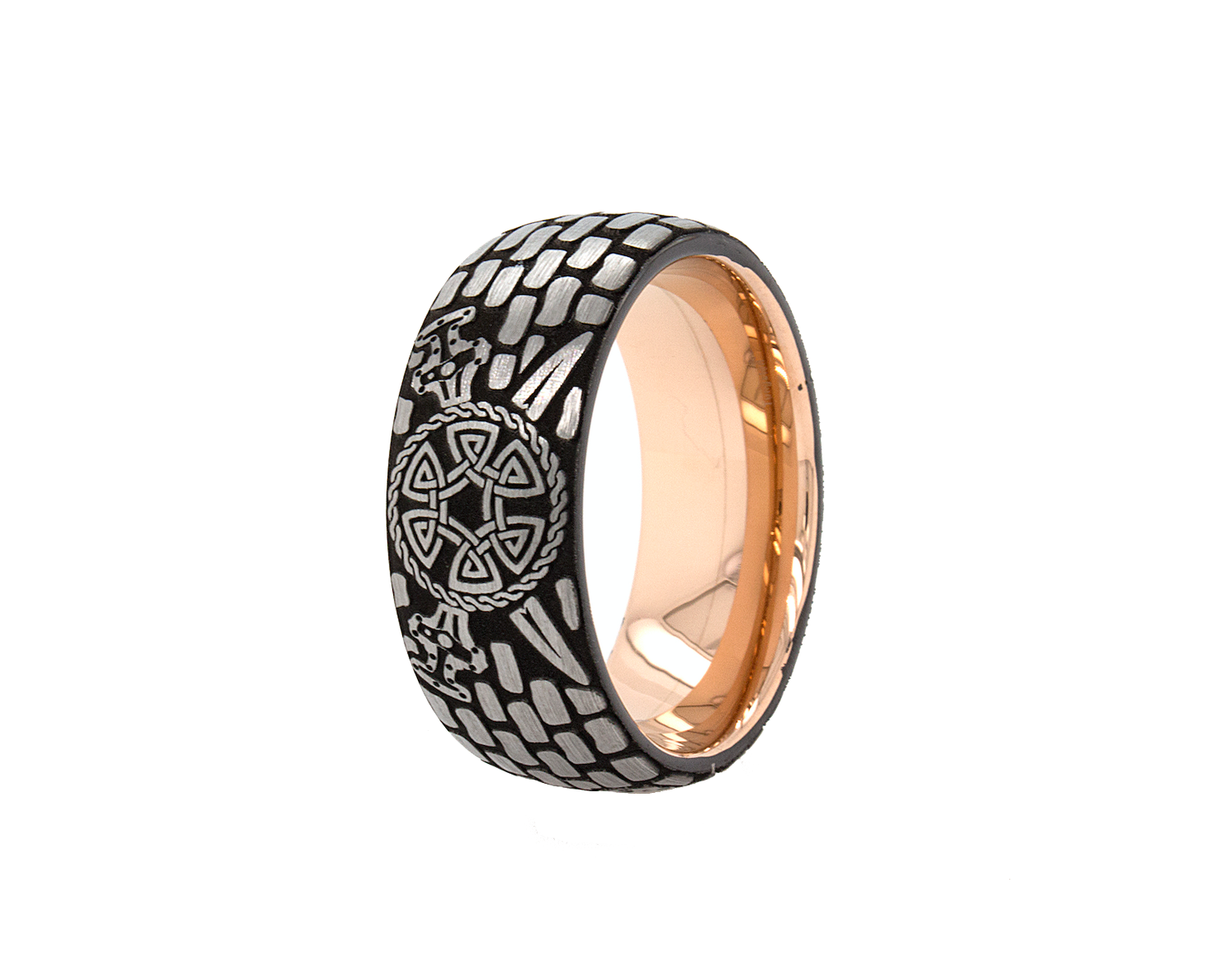 ring, ring with white background, rose gold ring, tungsten ring, brick pattern ring, rose gold plated ring, viking ring, viking shield, viking swords, viking axes, ax ring, custom ring, engraved ring, 8mm ring, wedding band