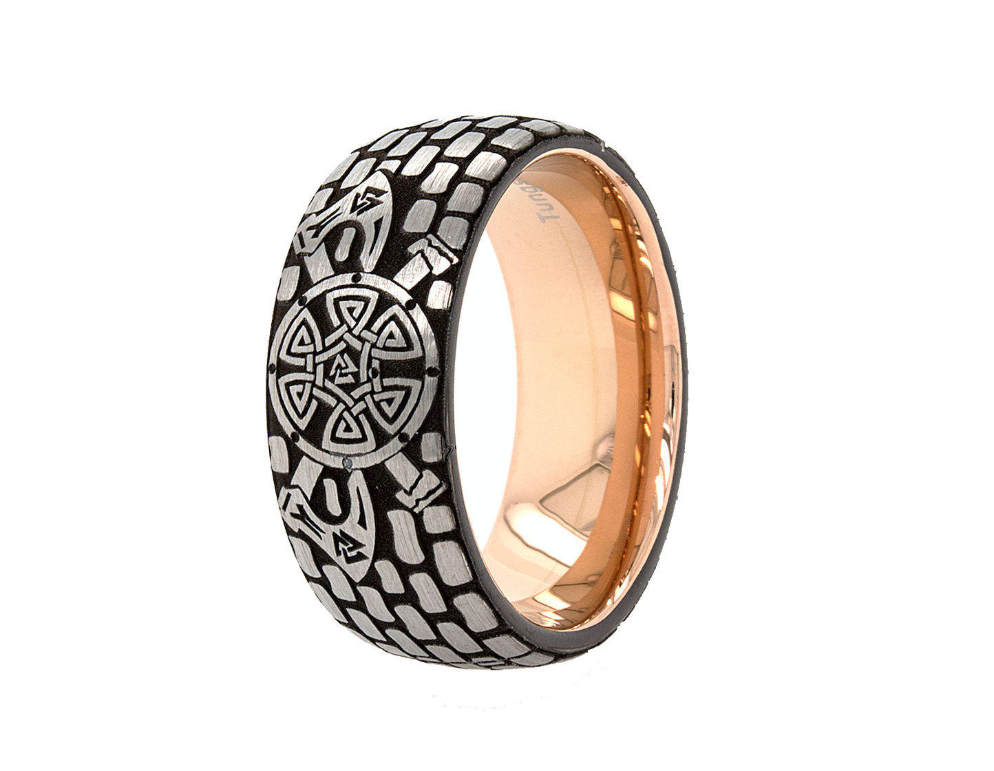 ring, ring with white background, rose gold ring, tungsten ring, brick pattern ring, rose gold plated ring, viking ring, viking shield, viking swords, viking axes, ax ring, custom ring, engraved ring, 8mm ring, wedding band