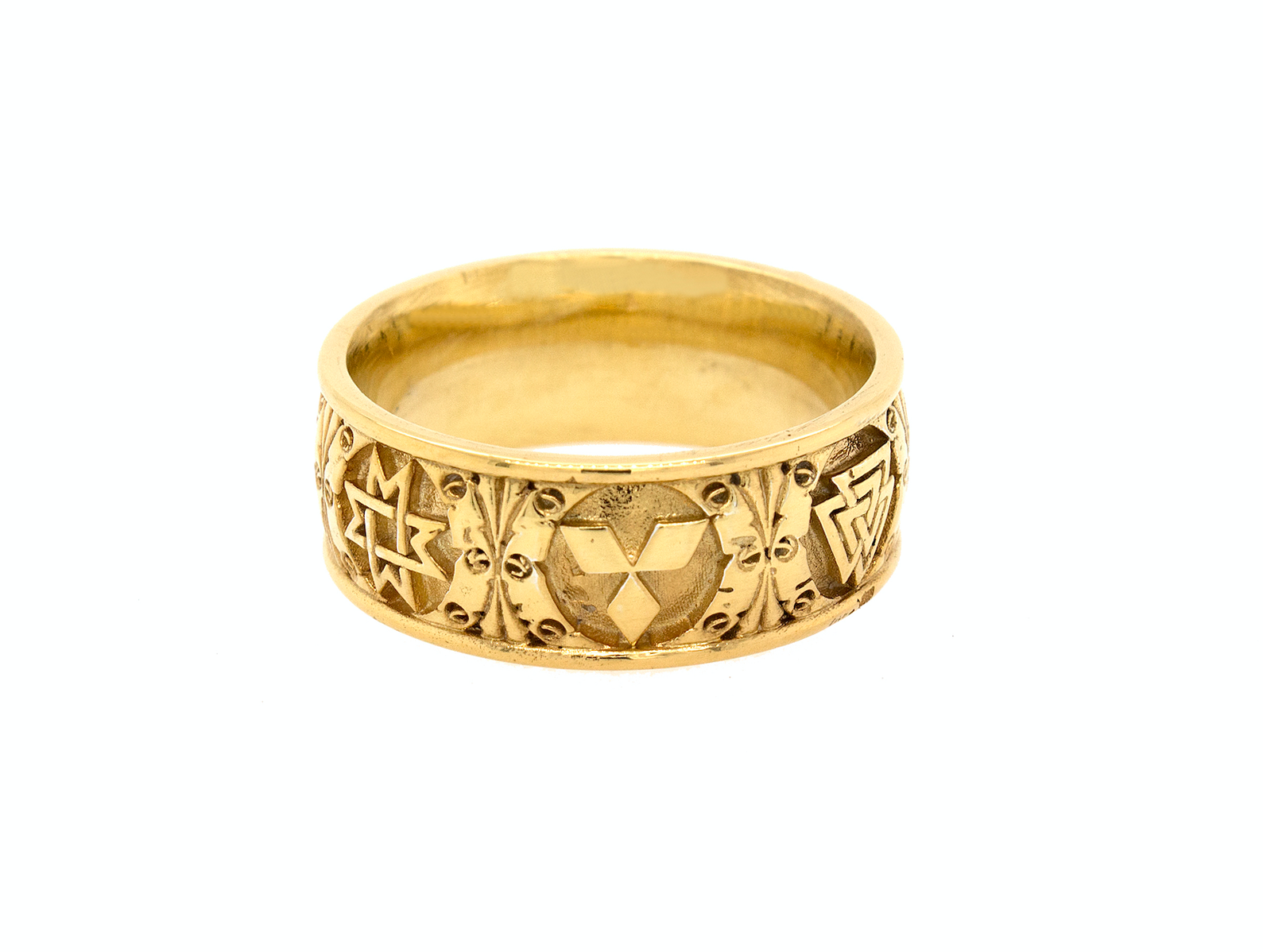 ring, ring on white background, gold ring, solid gold ring, solid yellow gold ring, wedding band, mens wedding band, womens wedding band, viking symbols, 6 symbols, engraved ring, unisex ring