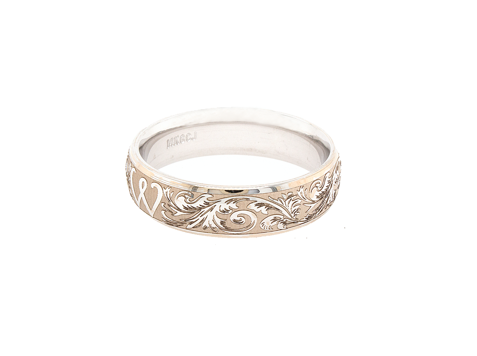 ring, ring on white background, solid white gold ring, ring with w initial, ring with victorian designs, victorian wedding band, thin ring, custom ring, personalized wedding band, personalized ring with initial