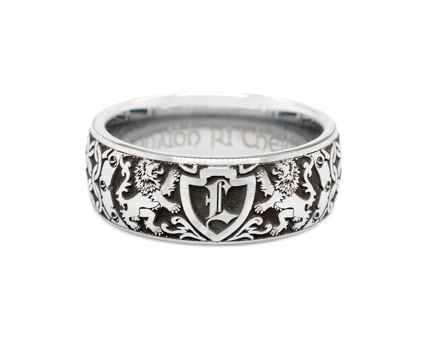 ring, ring with white background, mens rings, tungsten ring, custom ring, personalized ring, engraved ring, custom wedding band, shield, initial, ring with initial, lions, medieval designs