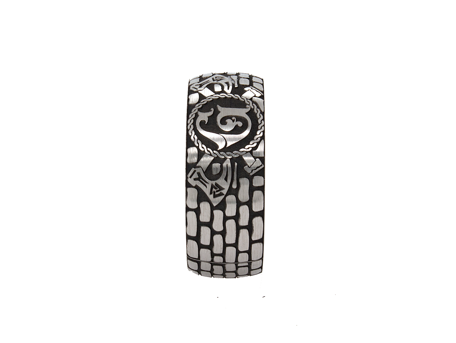 rin, ring on white background, ring with rose gold plating, ring with brick pattern, ring with initial, ring with letter g engraved, ring with ax engravings, viking inspired ring, viking ring, tungsten wedding band, mens wedding band, 9mm ring, women's wedding band, personalized wedding band, custom wedding band
