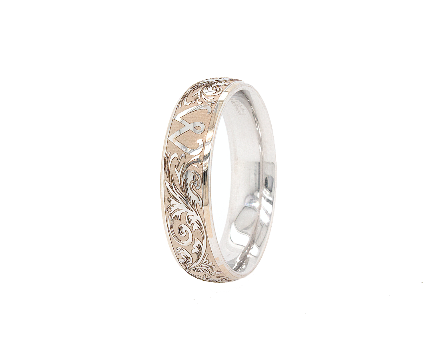 ring, ring on white background, solid white gold ring, ring with w initial, ring with victorian designs, victorian wedding band, thin ring, custom ring, personalized wedding band, personalized ring with initial