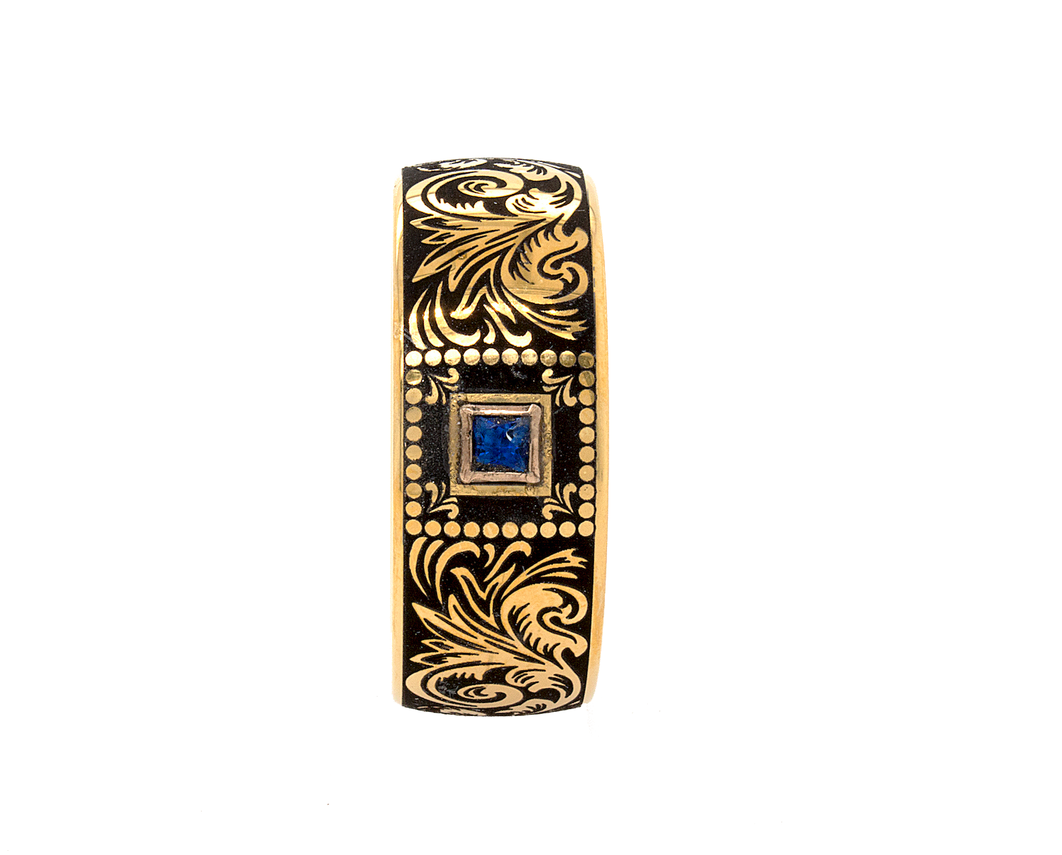 ring, ring on white background, yellow gold plated tungsten, gold plated ring, custom ring, custom wedding band, engraved ring, custom engraved ring, ring with square shaped sapphire, sapphire wedding band, victorian style engraving, victorian wedding band
