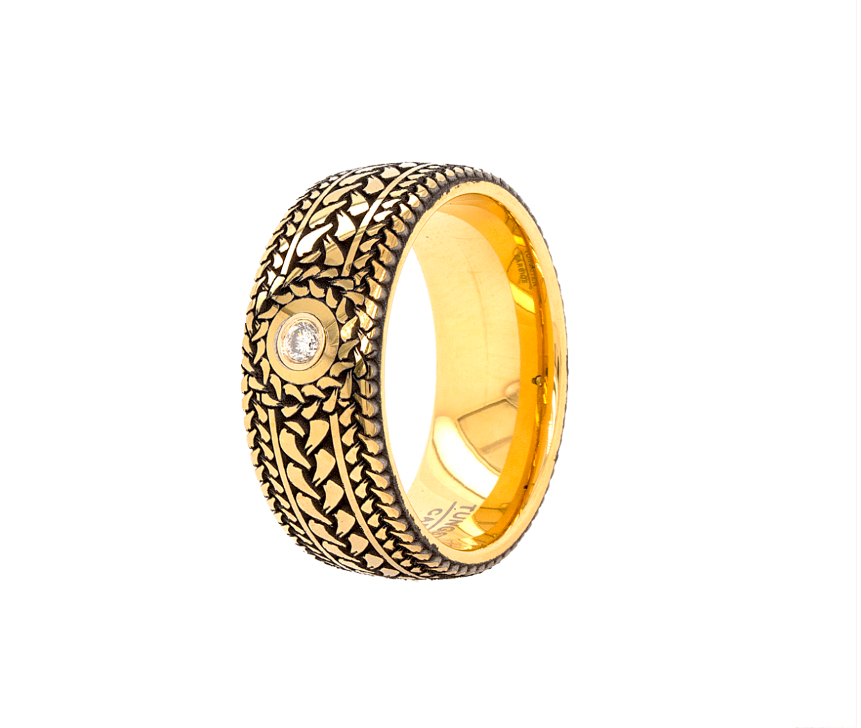ring, ring on white background, ring with diamond, round cut diamond, engraved ring, braided pattern ring, yellow gold plated ring, 9mm ring, wedding band, mens wedding band