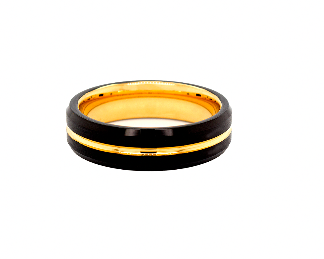 ring, ring on white background, mens wedding band, women's wedding band, black and gold ring, ring with center groove, grooved ring, tungsten ring
