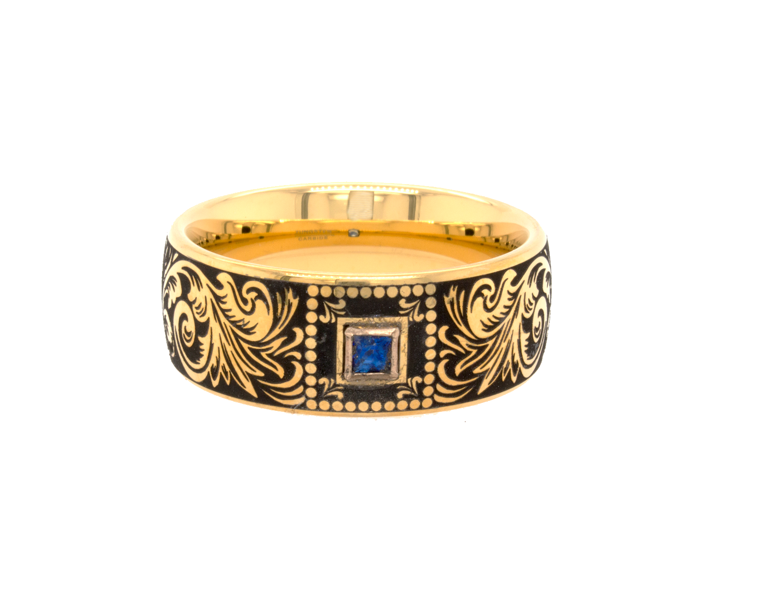 ring, ring on white background, yellow gold plated tungsten, gold plated ring, custom ring, custom wedding band, engraved ring, custom engraved ring, ring with square shaped sapphire, sapphire wedding band, victorian style engraving, victorian wedding band