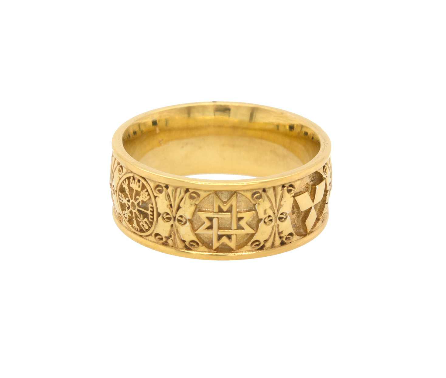 ring, ring on white background, gold ring, solid gold ring, solid yellow gold ring, wedding band, mens wedding band, womens wedding band, viking symbols, 6 symbols, engraved ring, unisex ring