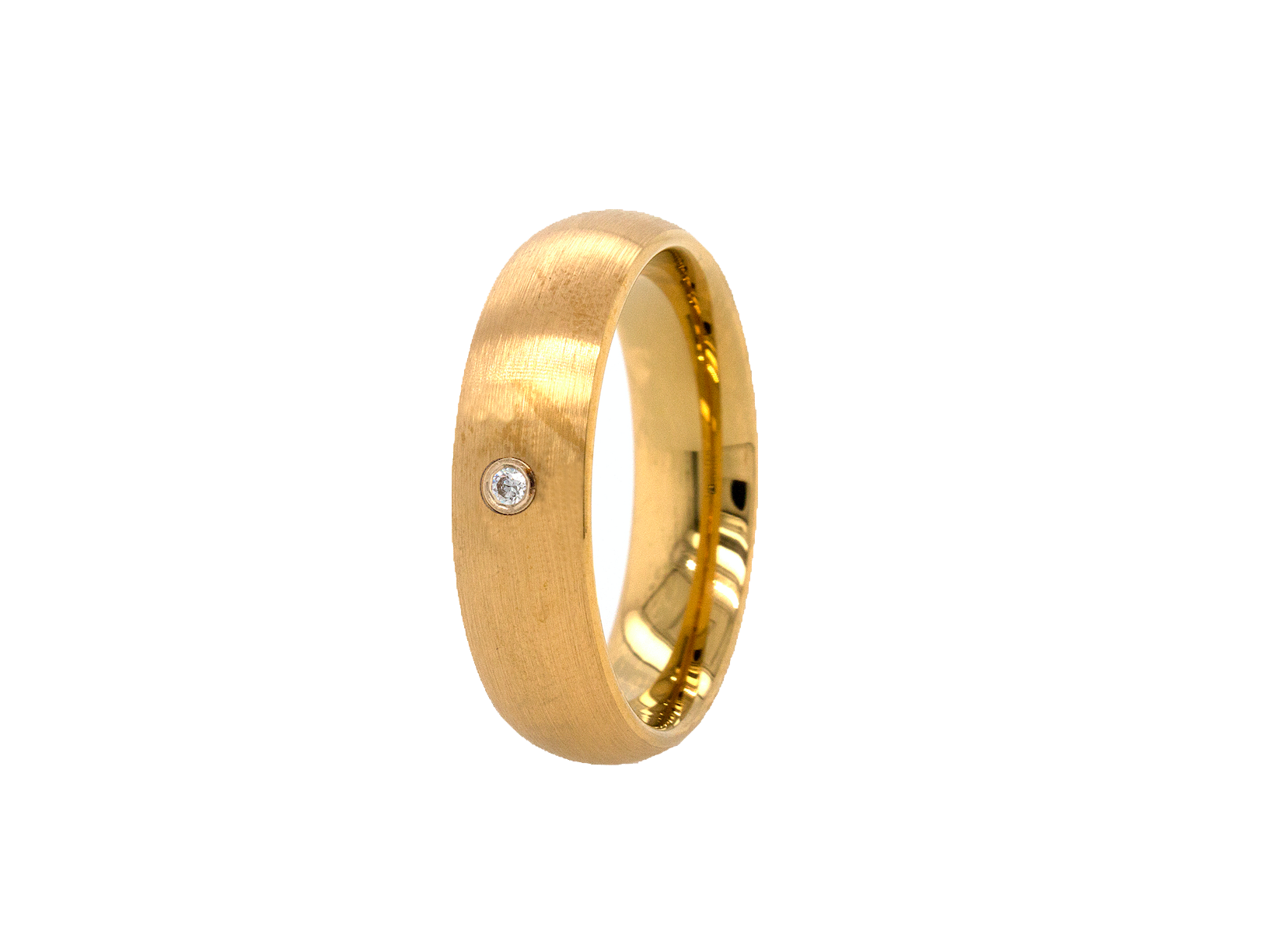 ring, ring on white background, 8mm ring, dome shaped ring, mens ring, women's ring, yellow gold plated ring, yellow gold tungsten, dome shaped tungsten, round shaped diamond, diamond ring, diamond wedding band