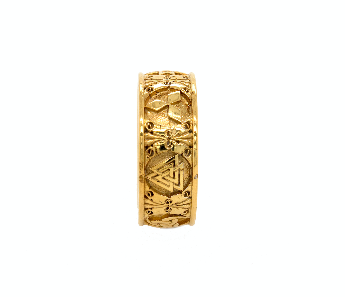 ring, ring on white background, gold ring, solid gold ring, solid yellow gold ring, wedding band, mens wedding band, womens wedding band, viking symbols, 6 symbols, engraved ring, unisex ring