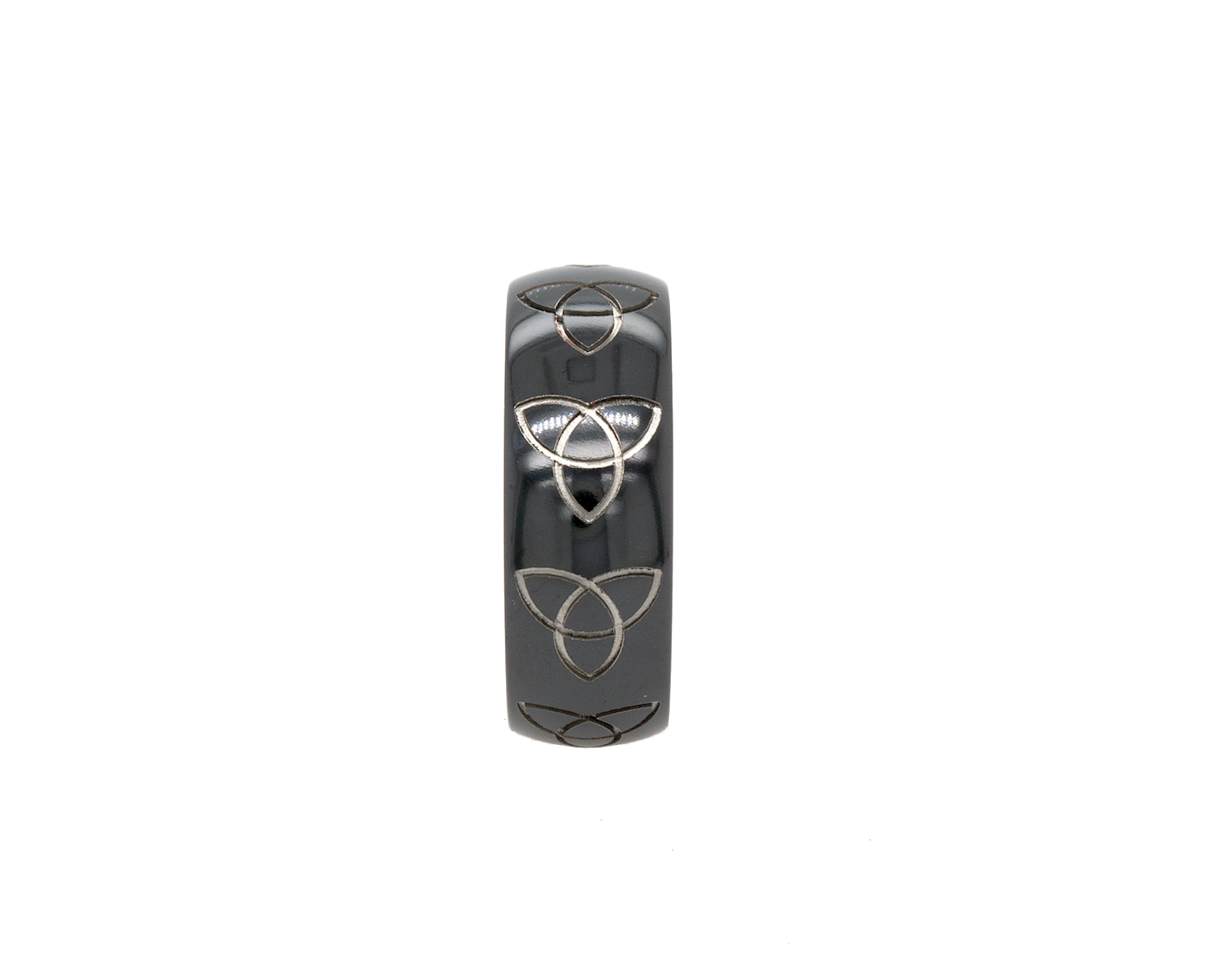 ring, ring on white background, black ring, black zirconium, zirconium wedding band, celtic ring, celtic knot ring, mens ring, women's ring