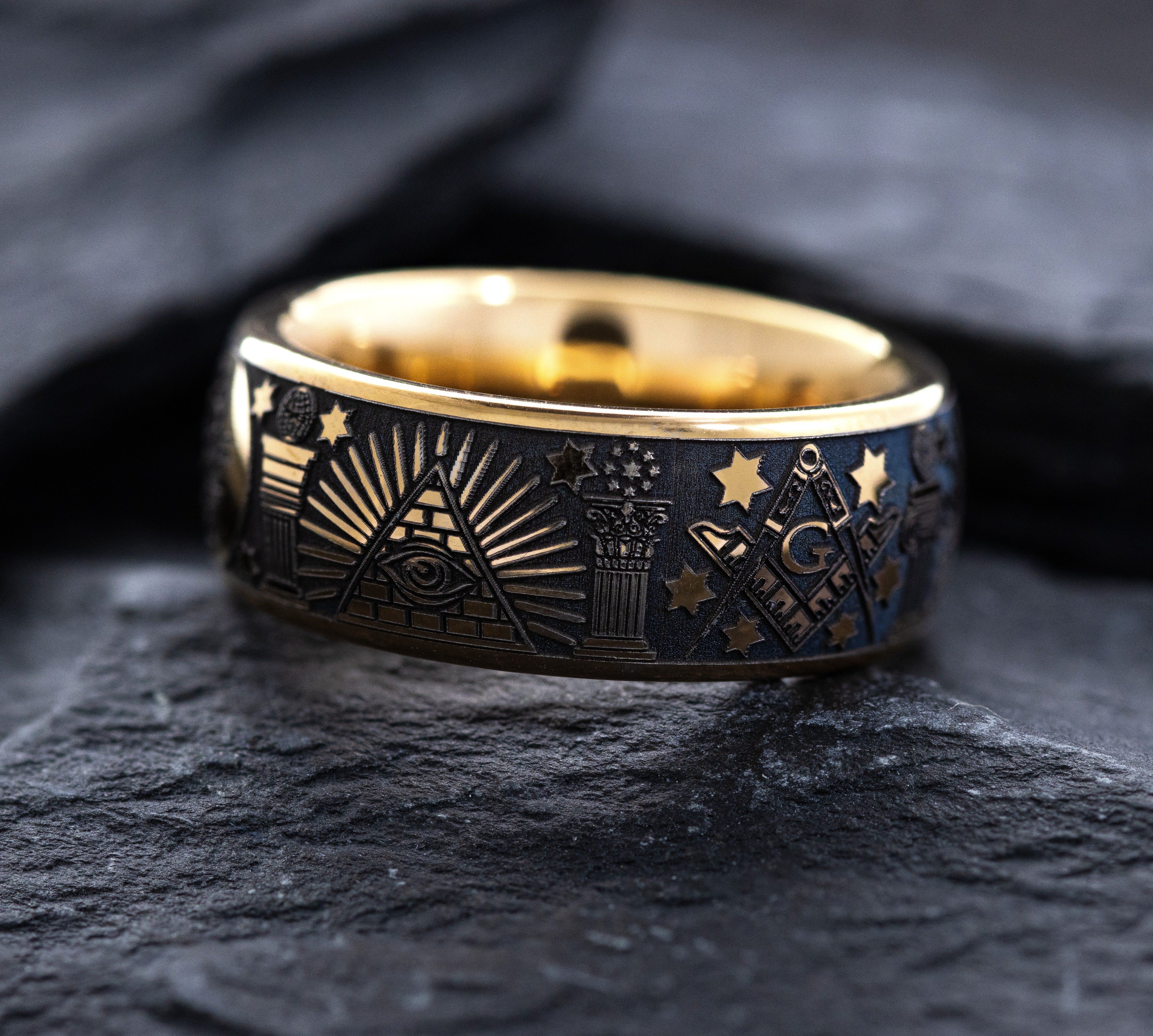 8mm Rose Gold Plated Tantalum Ring with Deep Engraved Masonic Symbols