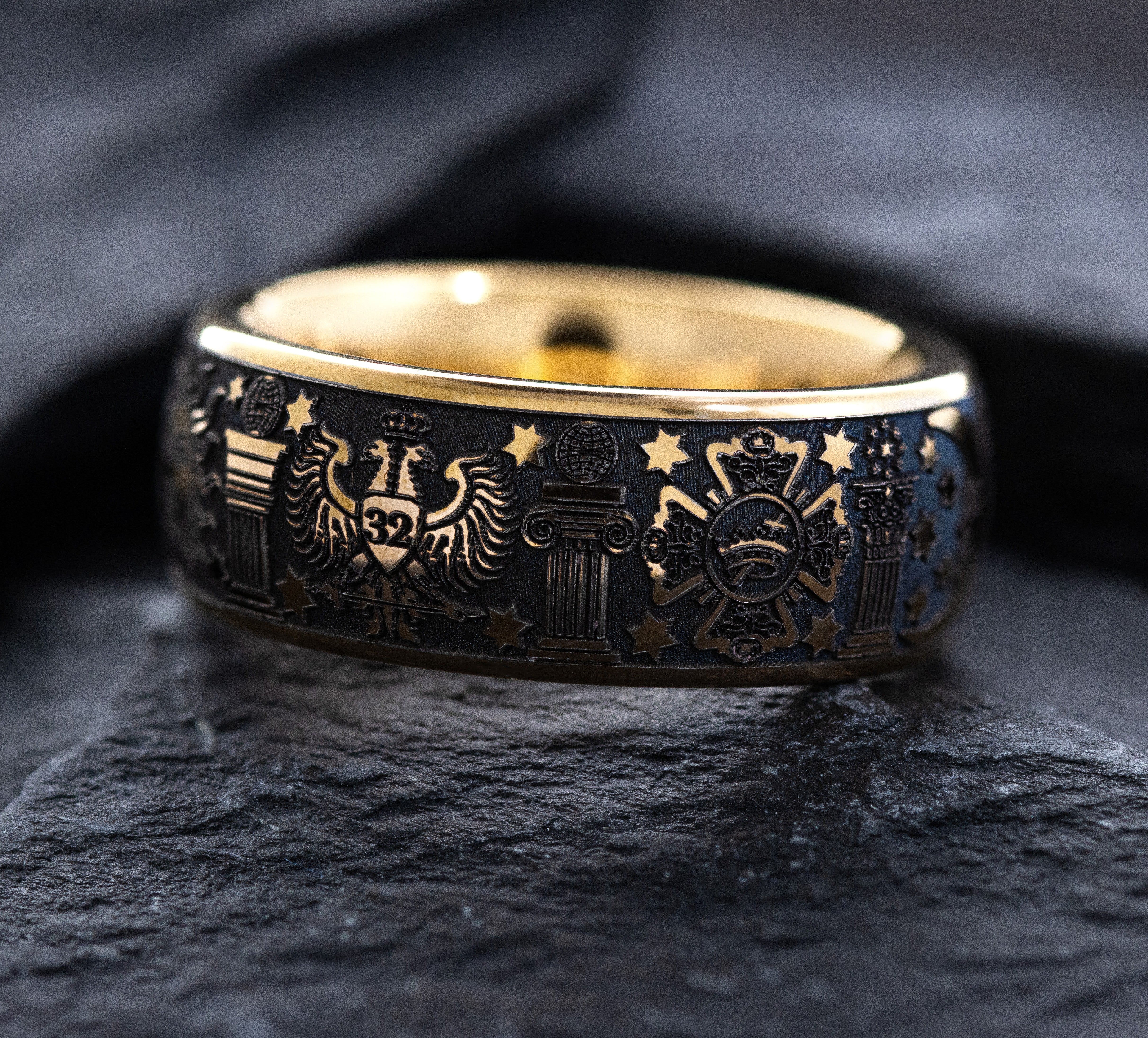 8mm Rose Gold Plated Tantalum Ring with Deep Engraved Masonic Symbols