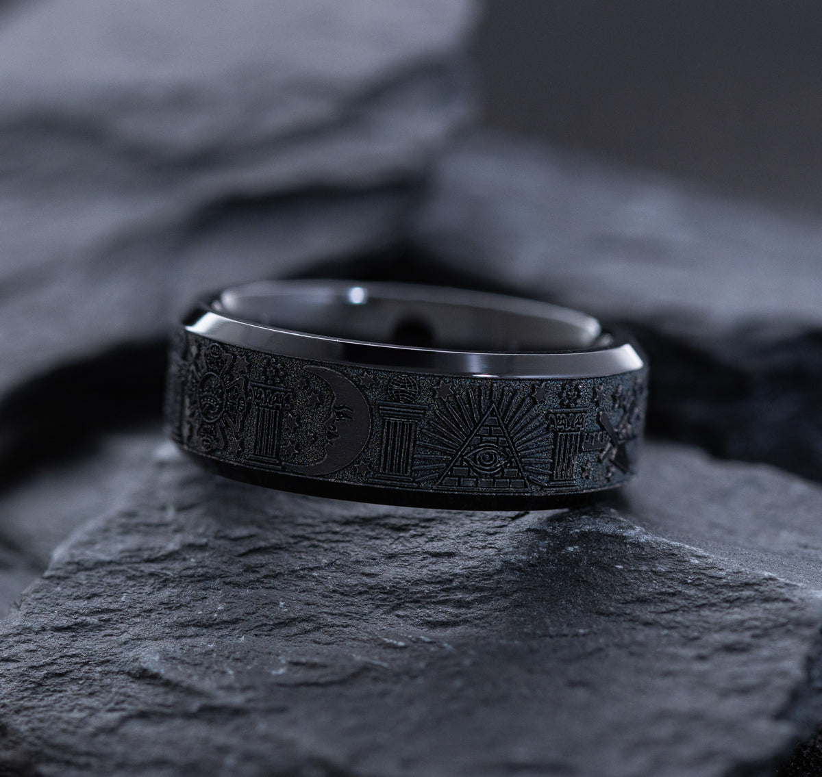 Bizonmark Rings Black on Black 8mm Titanium Ring with Deep Engraved Masonic Symbolism